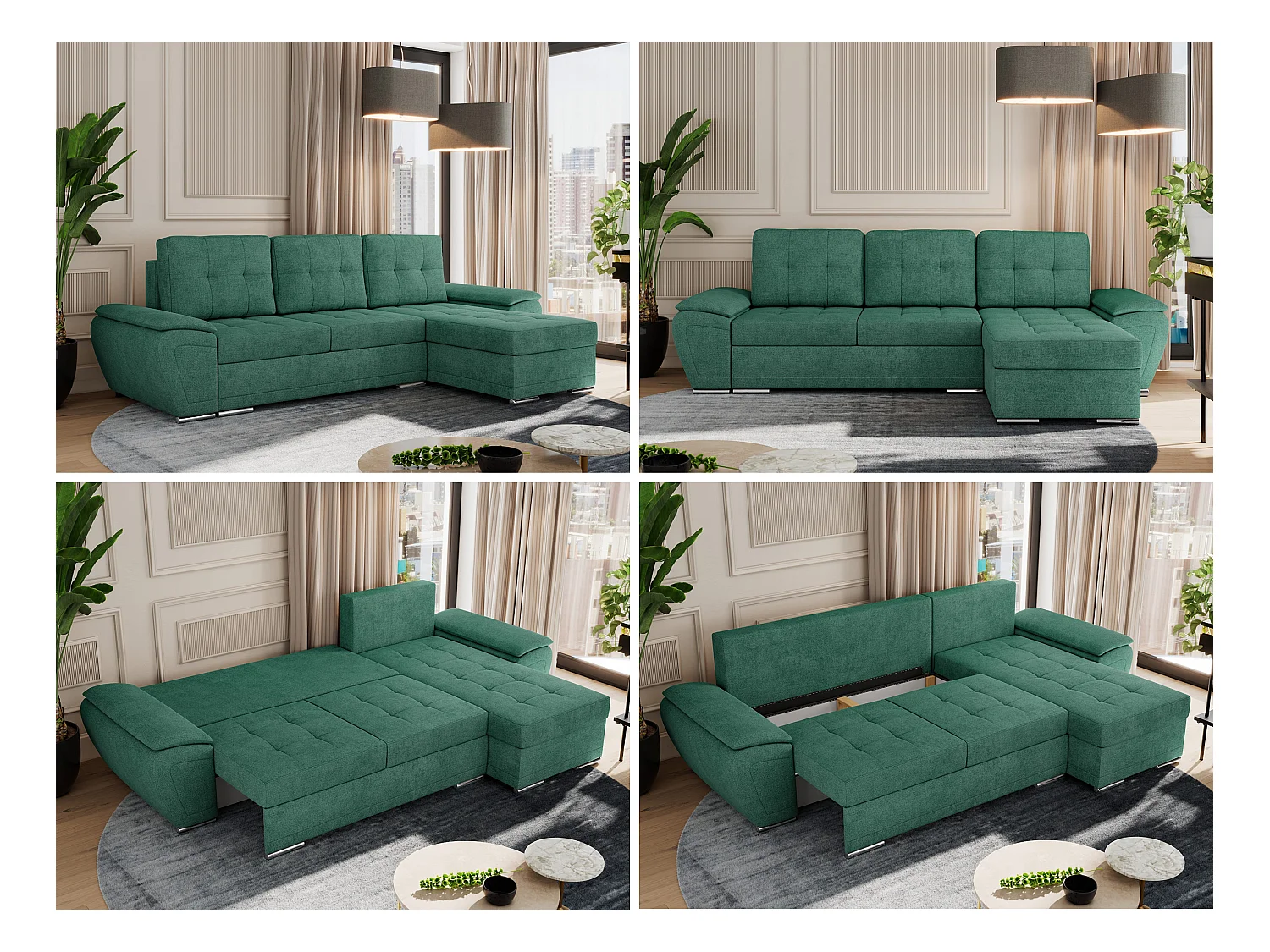 Ecksofa UMBRIA - universell L-form Couch, Schlaffunktion und Bettkasten, gesteppte Ecke - Grün Stukture