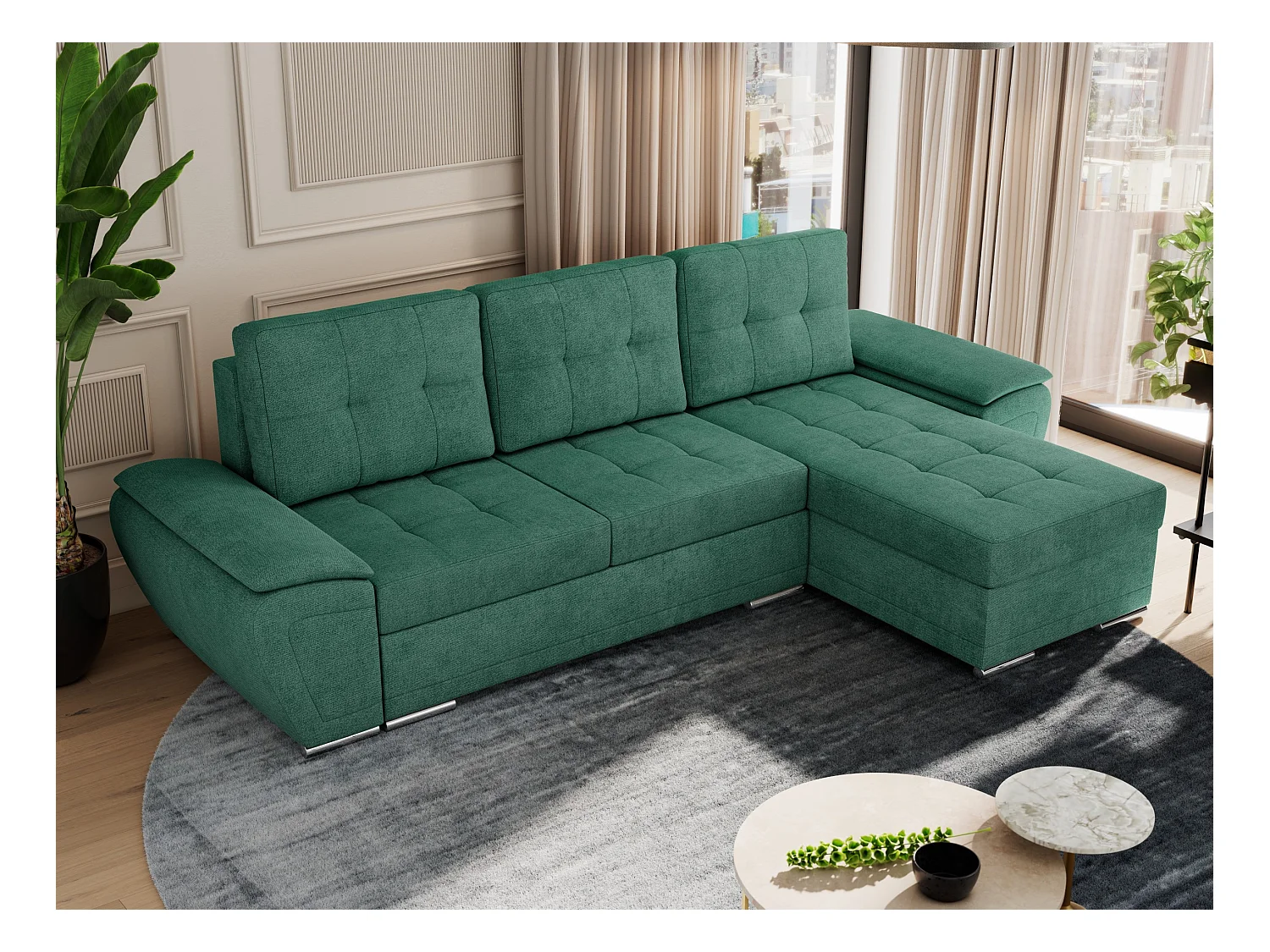 Ecksofa UMBRIA - universell L-form Couch, Schlaffunktion und Bettkasten, gesteppte Ecke - Grün Stukture