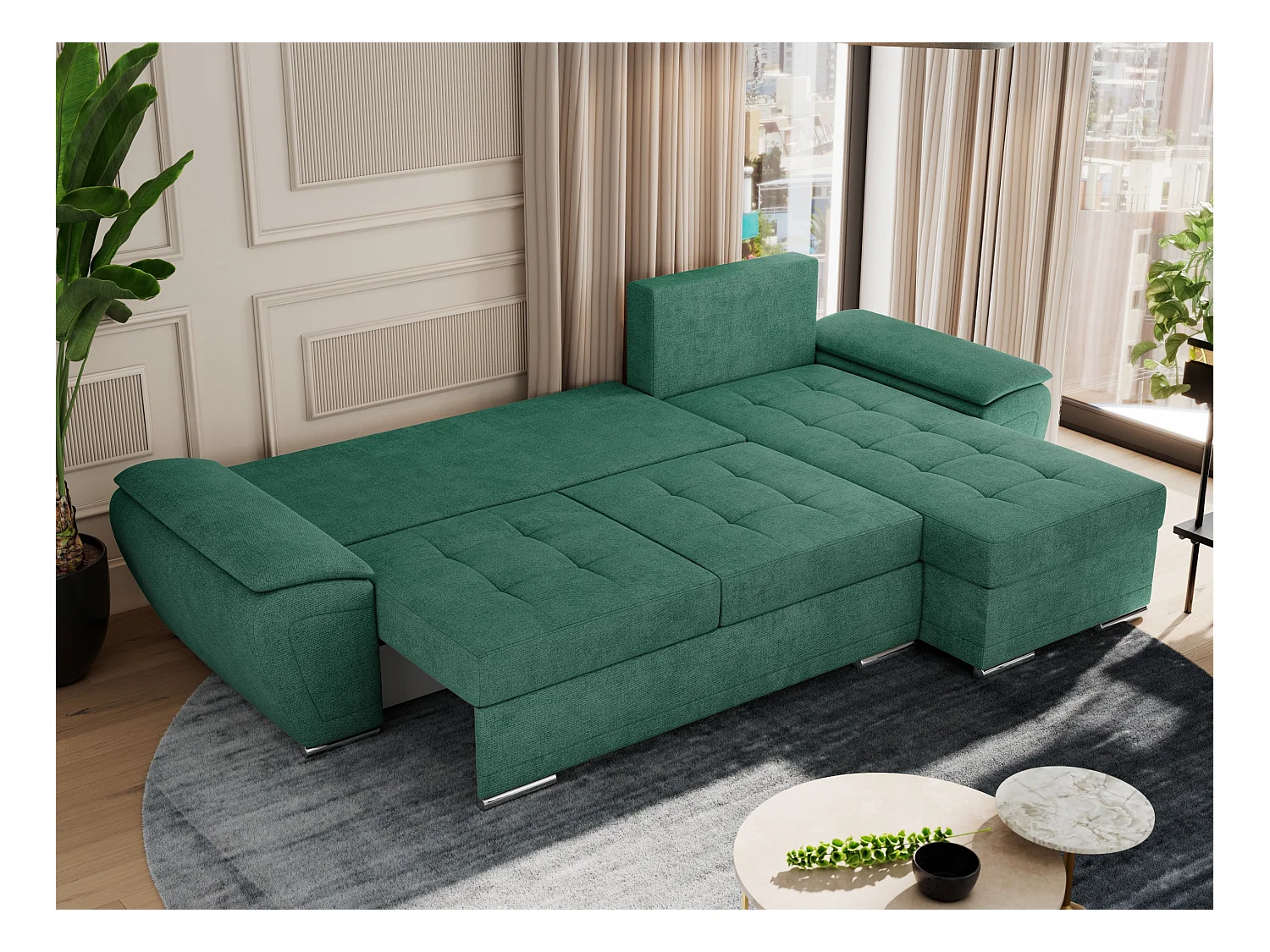 Ecksofa UMBRIA - universell L-form Couch, Schlaffunktion und Bettkasten, gesteppte Ecke - Grün Stukture