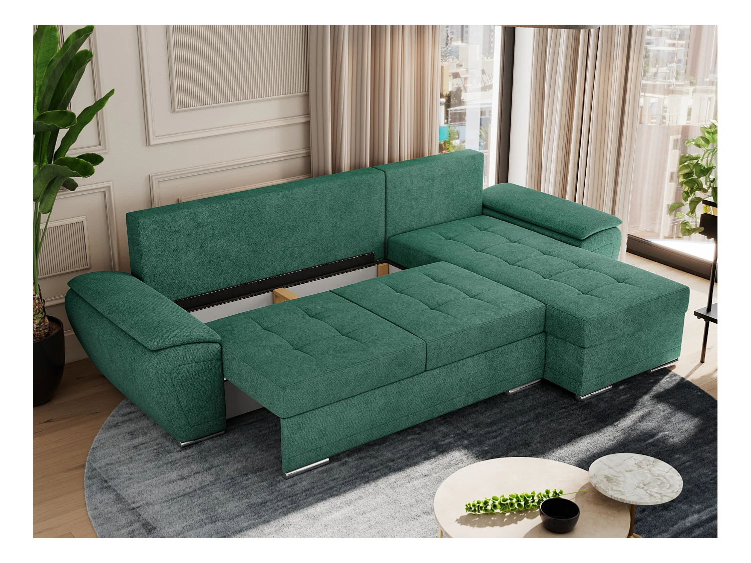 Ecksofa UMBRIA - universell L-form Couch, Schlaffunktion und Bettkasten, gesteppte Ecke - Grün Stukture