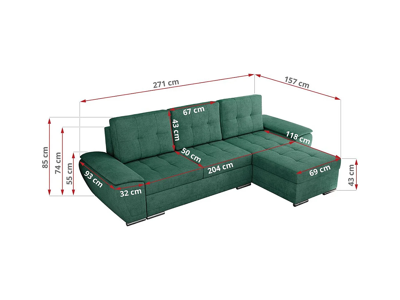 Ecksofa UMBRIA - universell L-form Couch, Schlaffunktion und Bettkasten, gesteppte Ecke - Grün Stukture