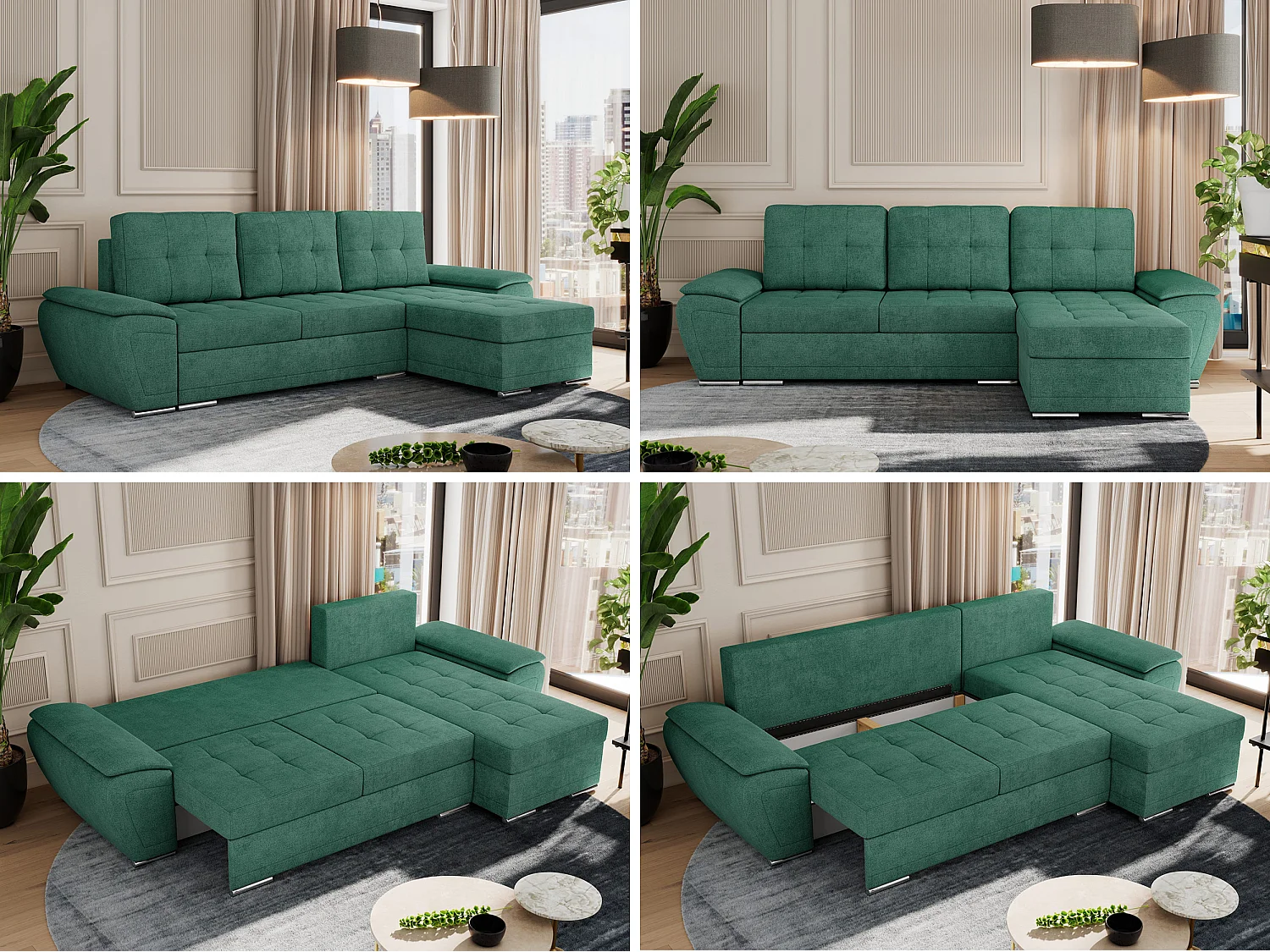 Ecksofa UMBRIA - universell L-form Couch, Schlaffunktion und Bettkasten, gesteppte Ecke - Grün Stukture