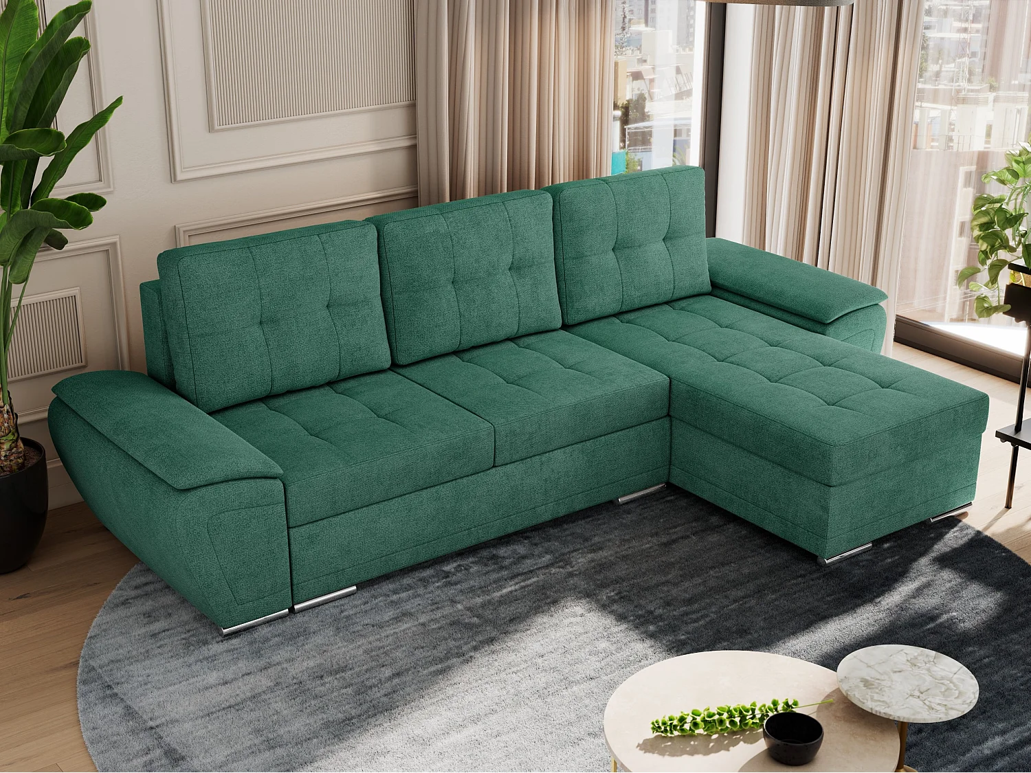 Ecksofa UMBRIA - universell L-form Couch, Schlaffunktion und Bettkasten, gesteppte Ecke - Grün Stukture