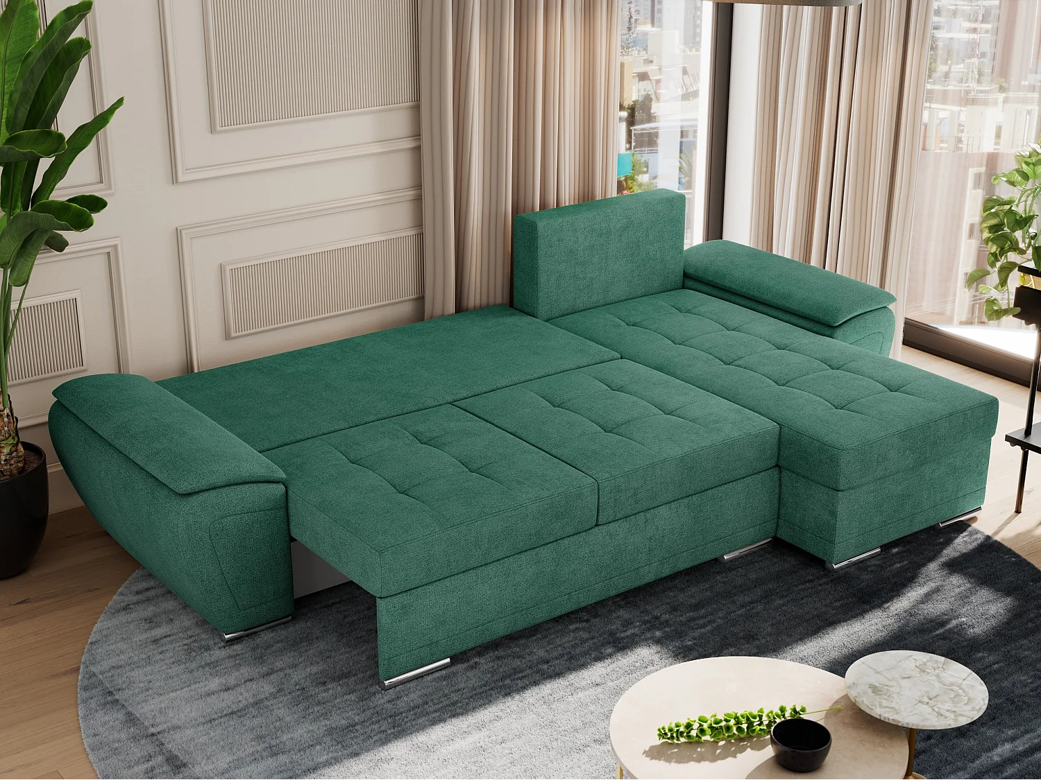 Ecksofa UMBRIA - universell L-form Couch, Schlaffunktion und Bettkasten, gesteppte Ecke - Grün Stukture