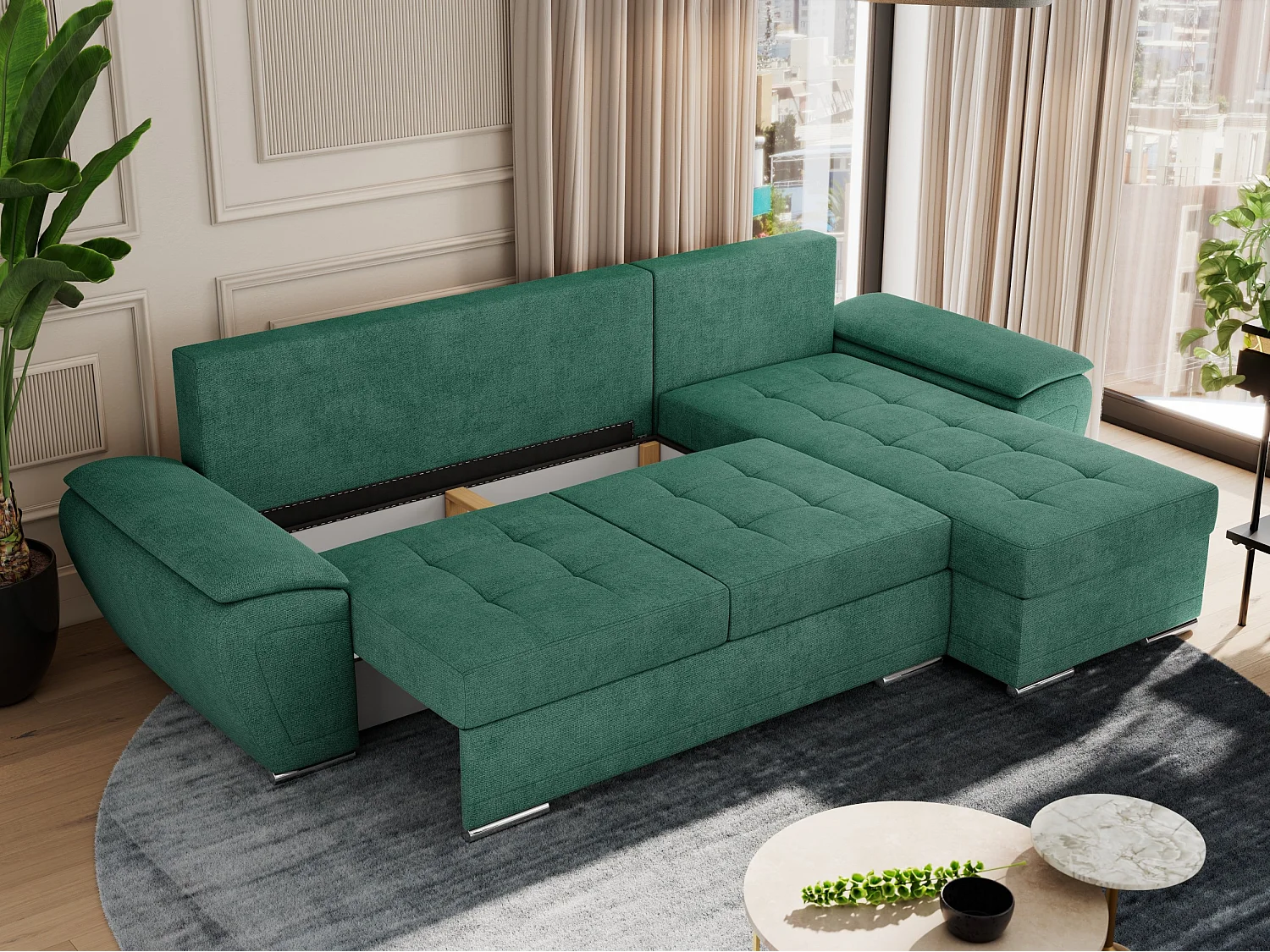 Ecksofa UMBRIA - universell L-form Couch, Schlaffunktion und Bettkasten, gesteppte Ecke - Grün Stukture