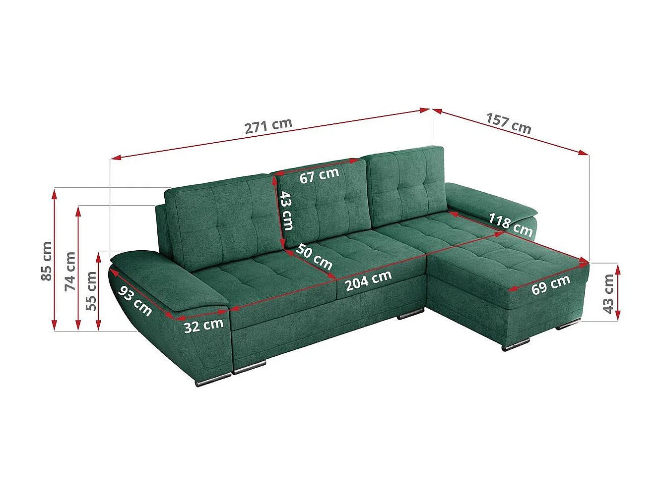Ecksofa UMBRIA - universell L-form Couch, Schlaffunktion und Bettkasten, gesteppte Ecke - Grün Stukture