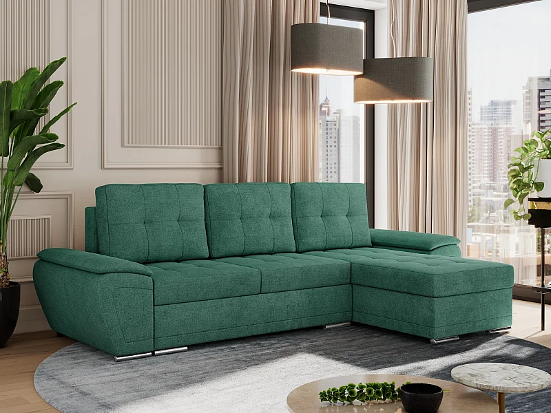 Ecksofa UMBRIA - universell L-form Couch, Schlaffunktion und Bettkasten, gesteppte Ecke - Grün Stukture