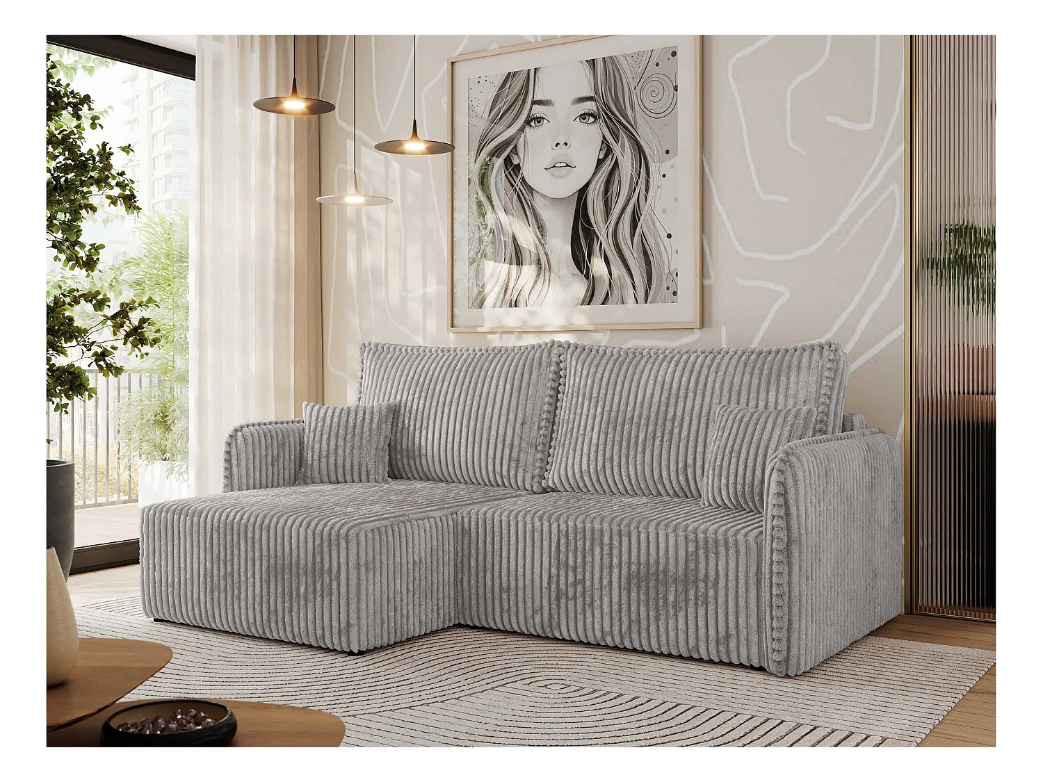 Ecksofa MESTO - Schlaffunktion und Bettkasten, L-form Couch für das Wohnzimmer, Armlehnen - Hellgrau Cord - Ecke Links