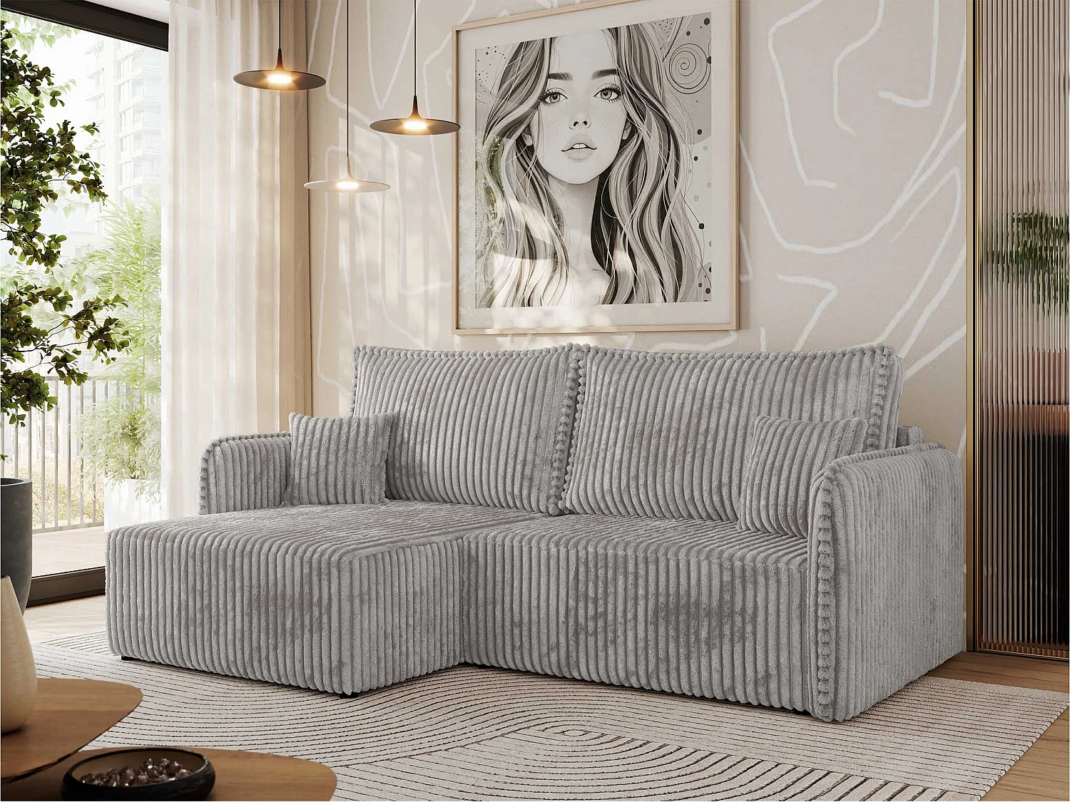 Ecksofa MESTO - Schlaffunktion und Bettkasten, L-form Couch für das Wohnzimmer, Armlehnen - Hellgrau Cord - Ecke Links