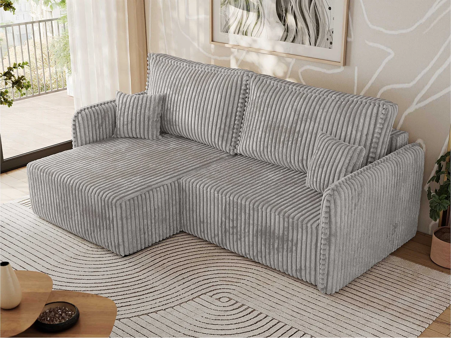 Ecksofa MESTO - Schlaffunktion und Bettkasten, L-form Couch für das Wohnzimmer, Armlehnen - Hellgrau Cord - Ecke Links