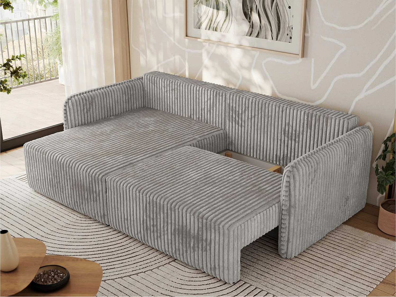 Ecksofa MESTO - Schlaffunktion und Bettkasten, L-form Couch für das Wohnzimmer, Armlehnen - Hellgrau Cord - Ecke Links