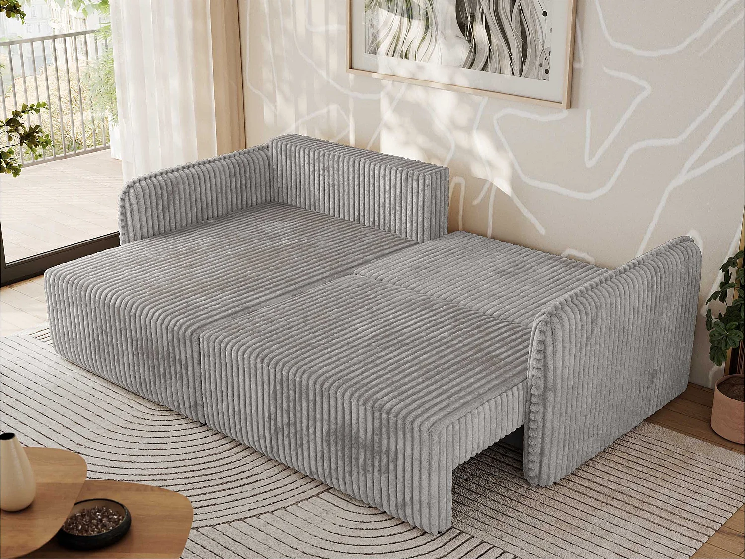 Ecksofa MESTO - Schlaffunktion und Bettkasten, L-form Couch für das Wohnzimmer, Armlehnen - Hellgrau Cord - Ecke Links