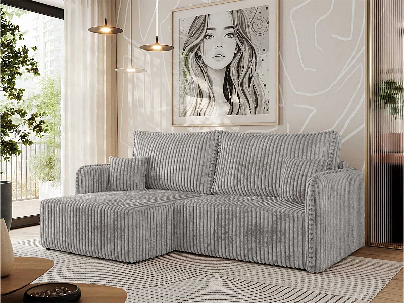 Ecksofa MESTO - Schlaffunktion und Bettkasten, L-form Couch für das Wohnzimmer, Armlehnen - Hellgrau Cord - Ecke Links