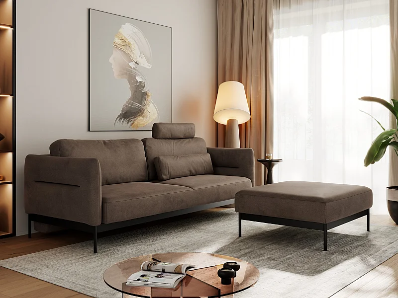 Ecksofa SALENTO - mit Metallbeine, Schlafsofa, mobilen Fußhocker, lose Kissen - Braun Velvet