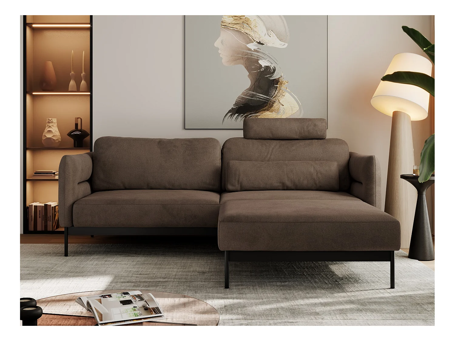 Ecksofa SALENTO - mit Metallbeine, Schlafsofa, mobilen Fußhocker, lose Kissen - Braun Velvet