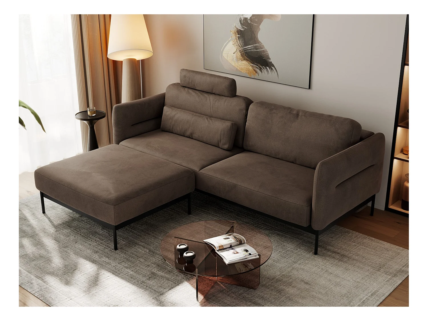 Ecksofa SALENTO - mit Metallbeine, Schlafsofa, mobilen Fußhocker, lose Kissen - Braun Velvet