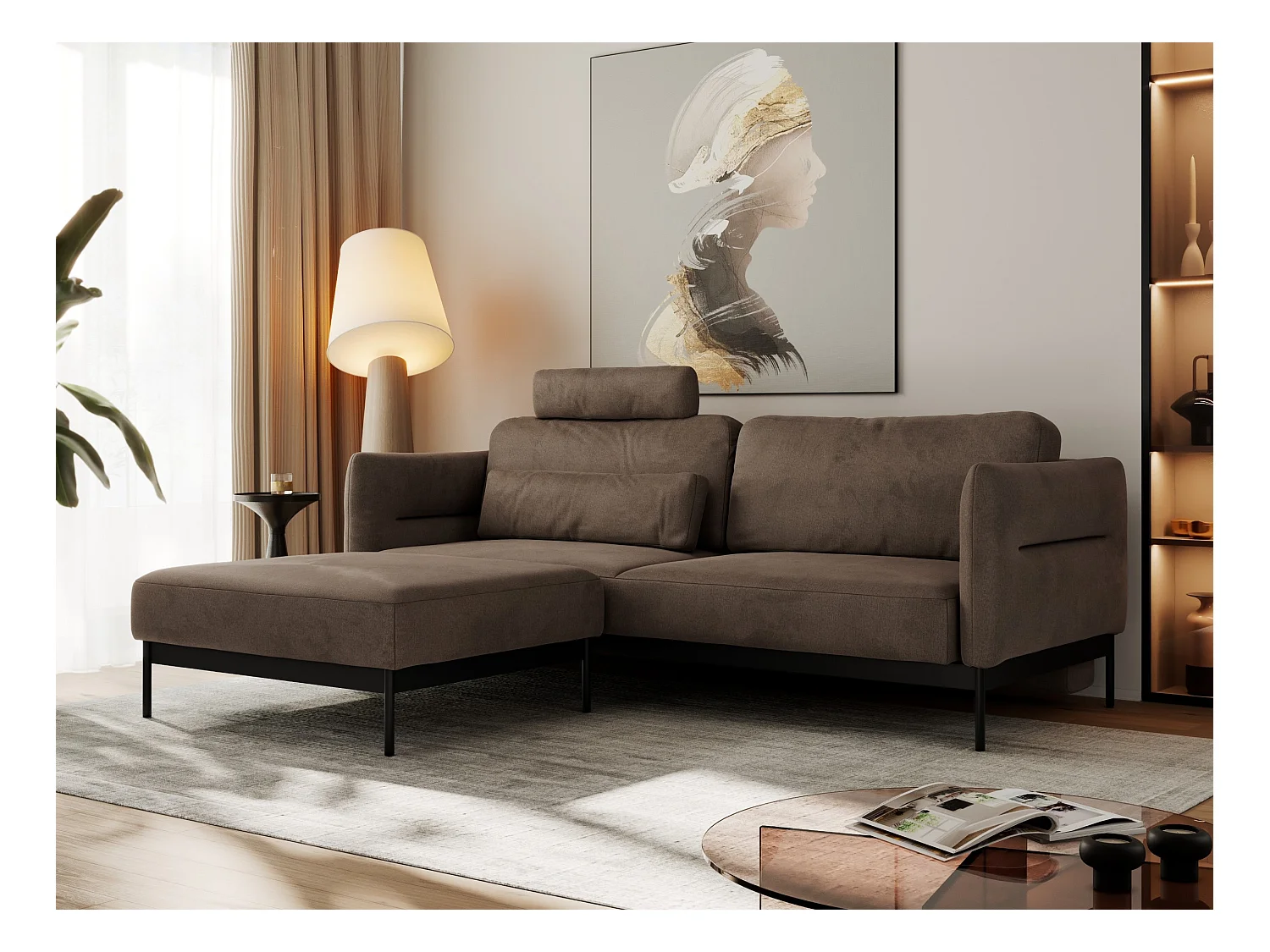 Ecksofa SALENTO - mit Metallbeine, Schlafsofa, mobilen Fußhocker, lose Kissen - Braun Velvet