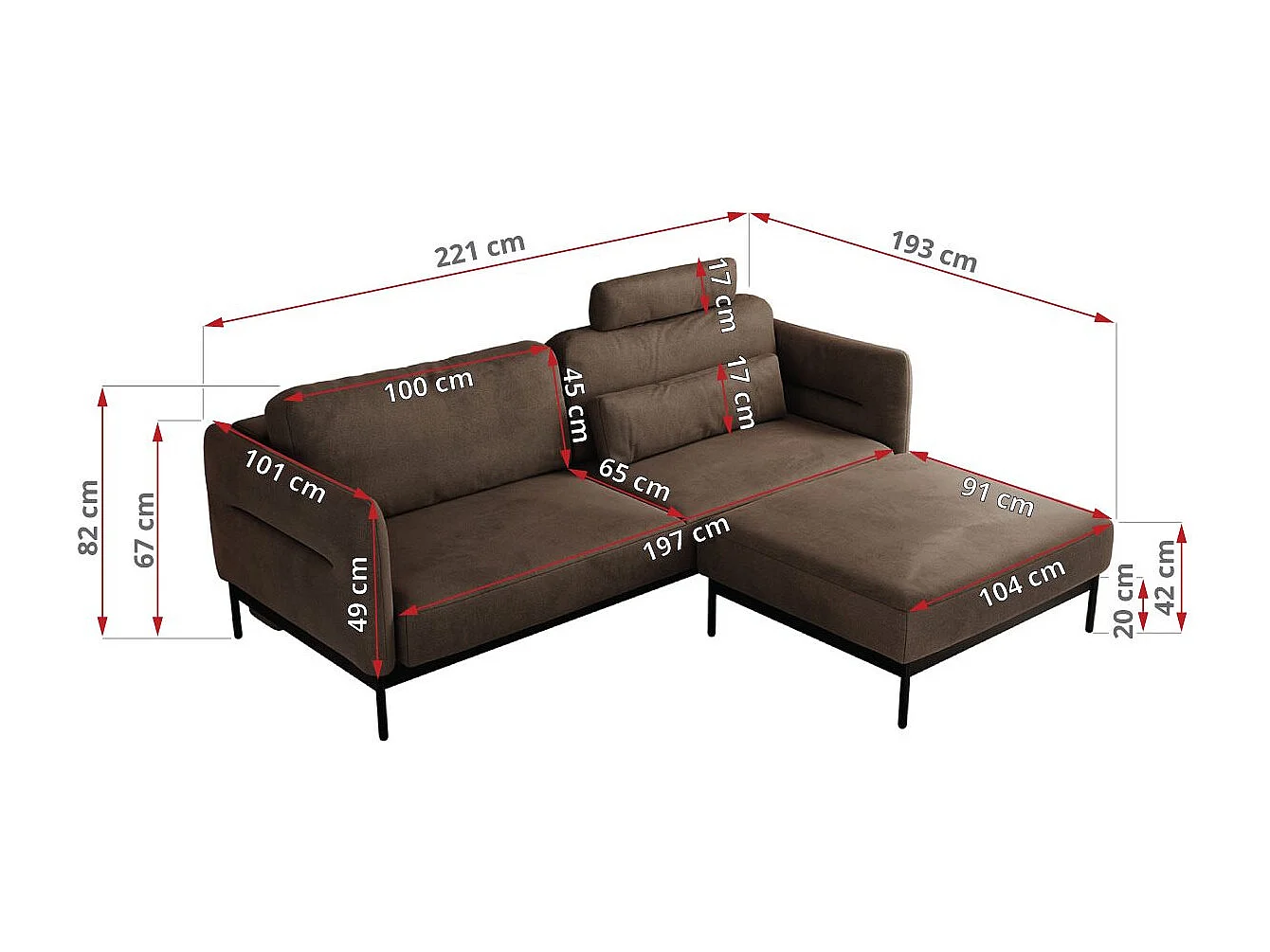 Ecksofa SALENTO - mit Metallbeine, Schlafsofa, mobilen Fußhocker, lose Kissen - Braun Velvet