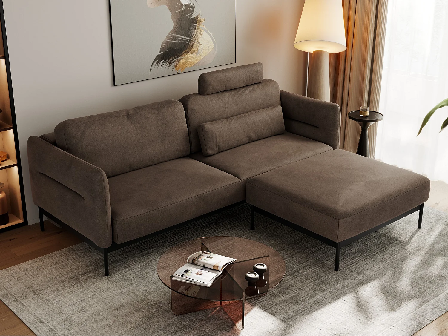 Ecksofa SALENTO - mit Metallbeine, Schlafsofa, mobilen Fußhocker, lose Kissen - Braun Velvet