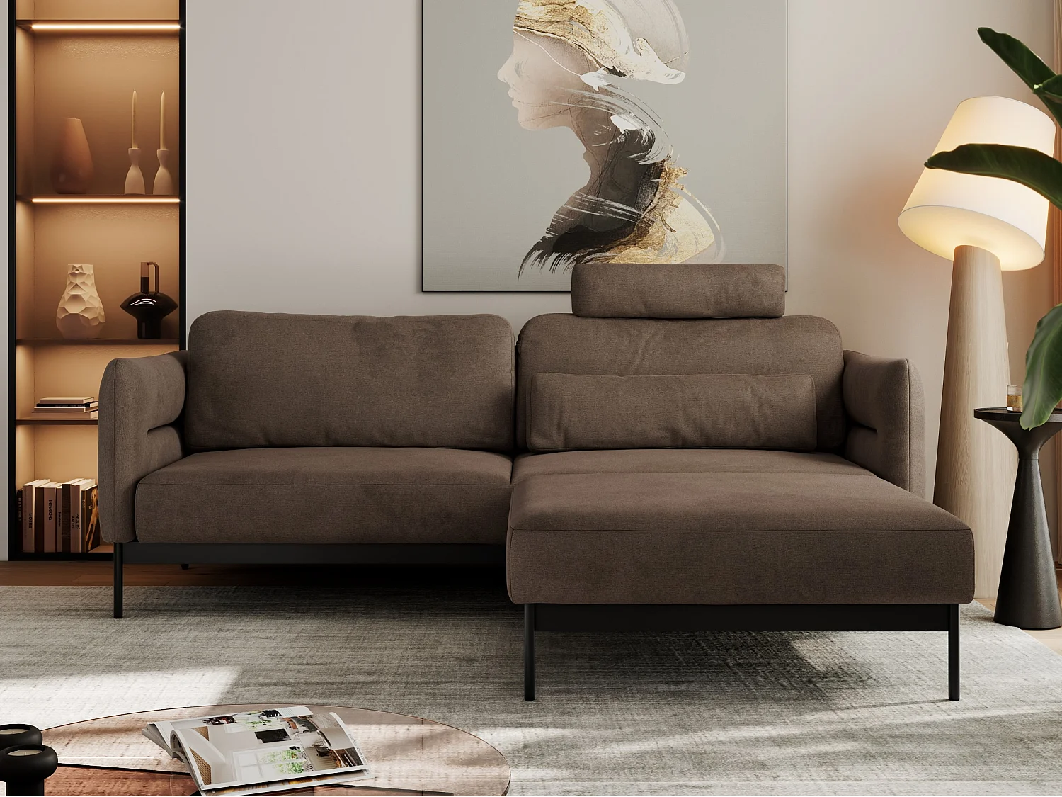 Ecksofa SALENTO - mit Metallbeine, Schlafsofa, mobilen Fußhocker, lose Kissen - Braun Velvet