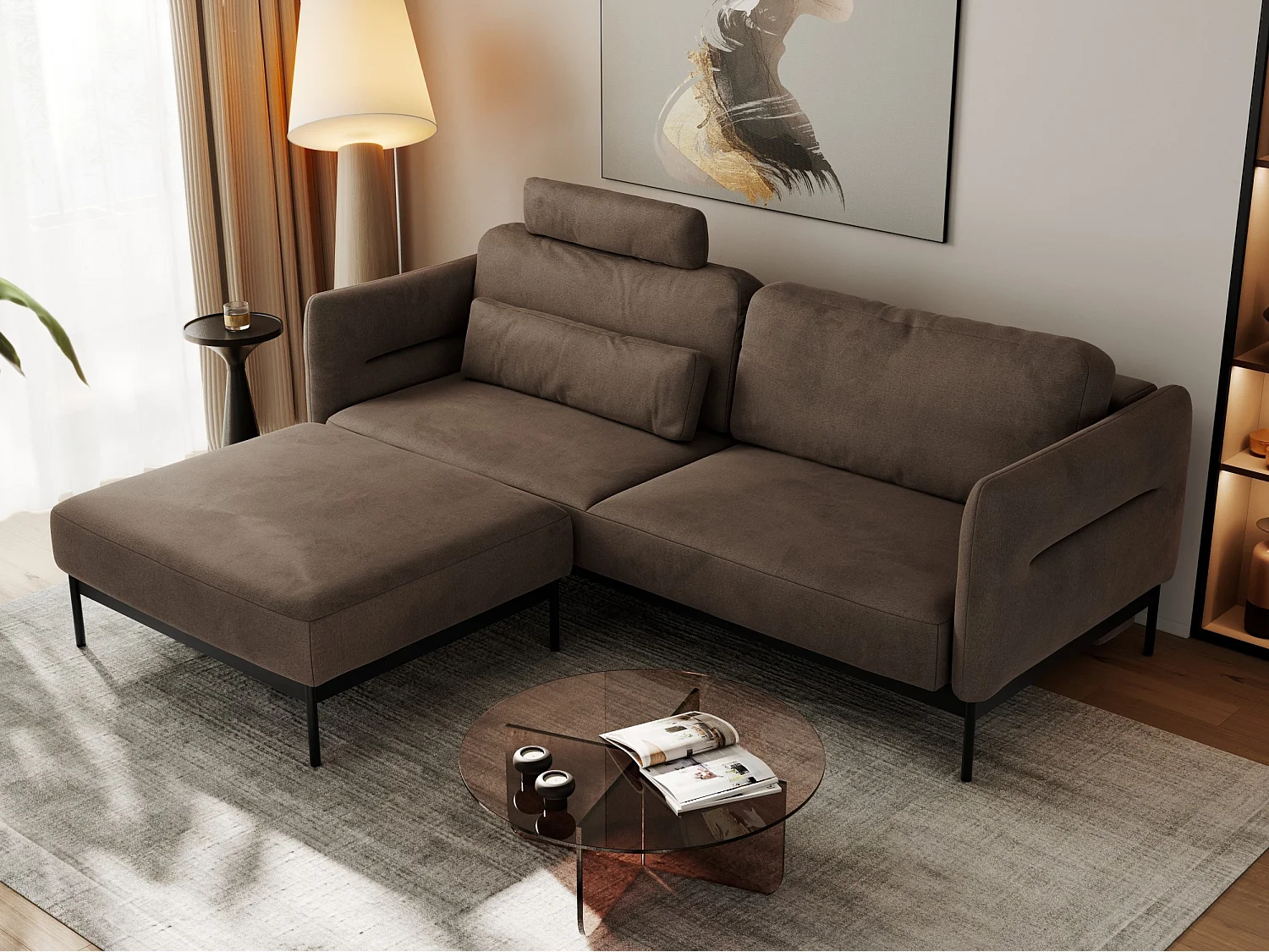 Ecksofa SALENTO - mit Metallbeine, Schlafsofa, mobilen Fußhocker, lose Kissen - Braun Velvet