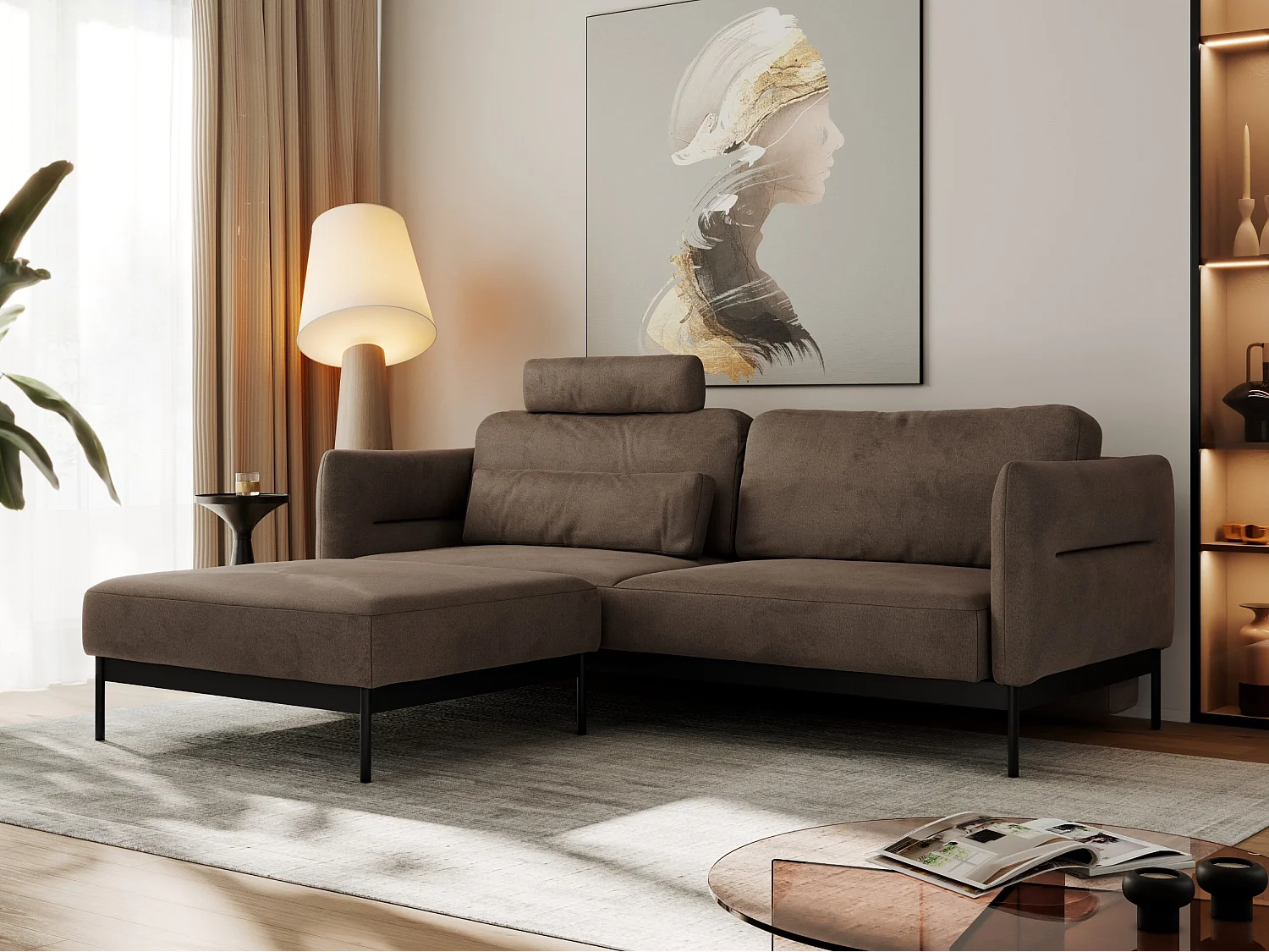Ecksofa SALENTO - mit Metallbeine, Schlafsofa, mobilen Fußhocker, lose Kissen - Braun Velvet