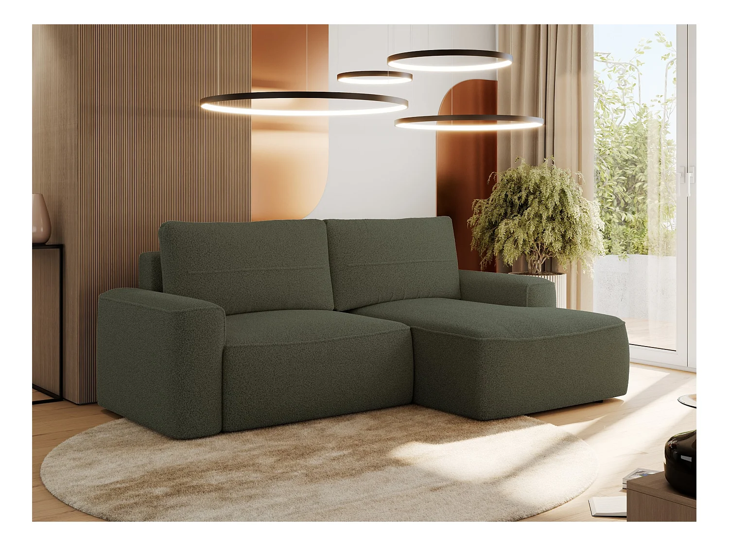 Ecksofa BELLUNO - Schlafsofa mit Bettkasten, Armlehnen, Couch L-form mit Schlaffunktion - Grün Boucle - Ecke Rechts