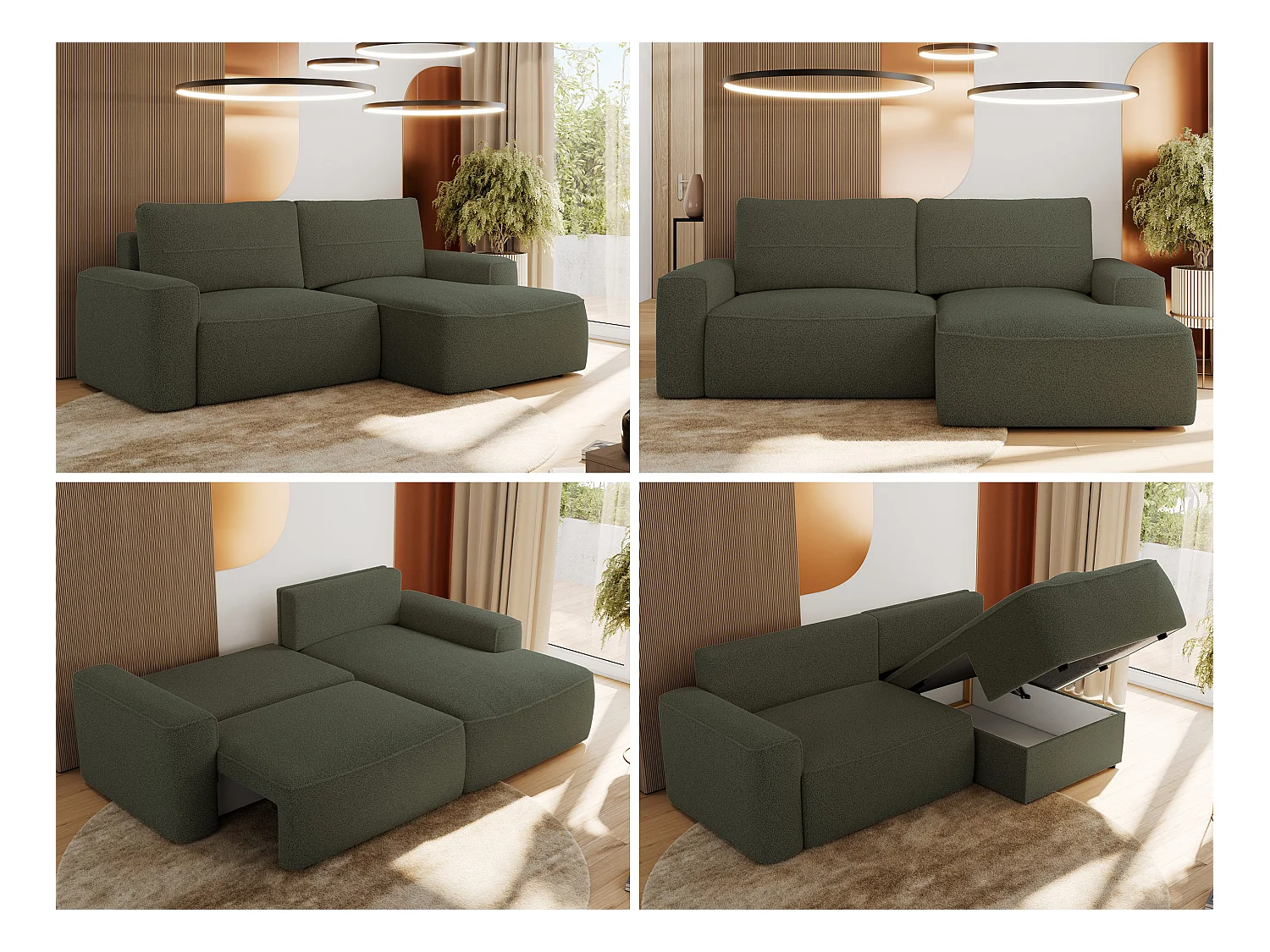 Ecksofa BELLUNO - Schlafsofa mit Bettkasten, Armlehnen, Couch L-form mit Schlaffunktion - Grün Boucle - Ecke Rechts