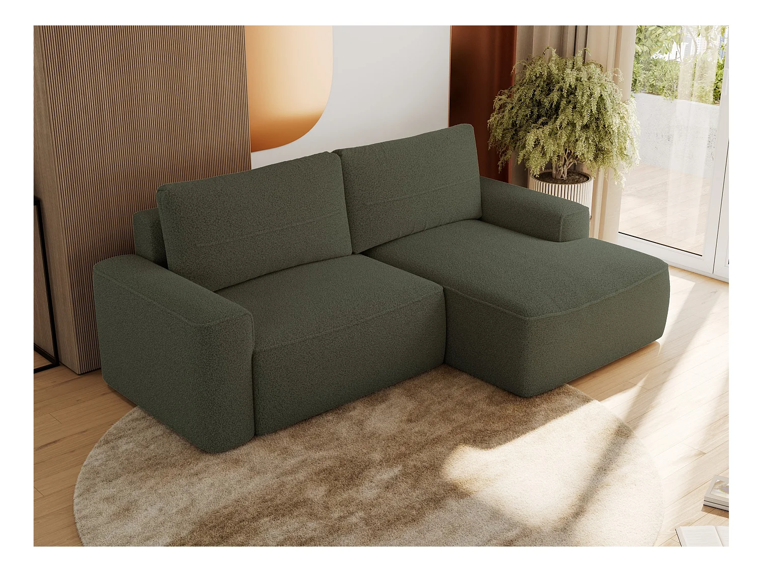 Ecksofa BELLUNO - Schlafsofa mit Bettkasten, Armlehnen, Couch L-form mit Schlaffunktion - Grün Boucle - Ecke Rechts