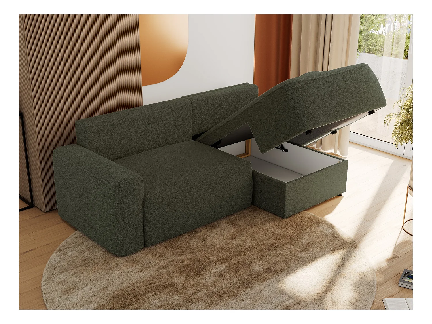 Ecksofa BELLUNO - Schlafsofa mit Bettkasten, Armlehnen, Couch L-form mit Schlaffunktion - Grün Boucle - Ecke Rechts