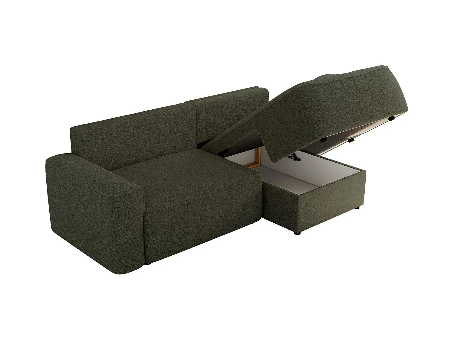 Ecksofa BELLUNO - Schlafsofa mit Bettkasten, Armlehnen, Couch L-form mit Schlaffunktion - Grün Boucle - Ecke Rechts