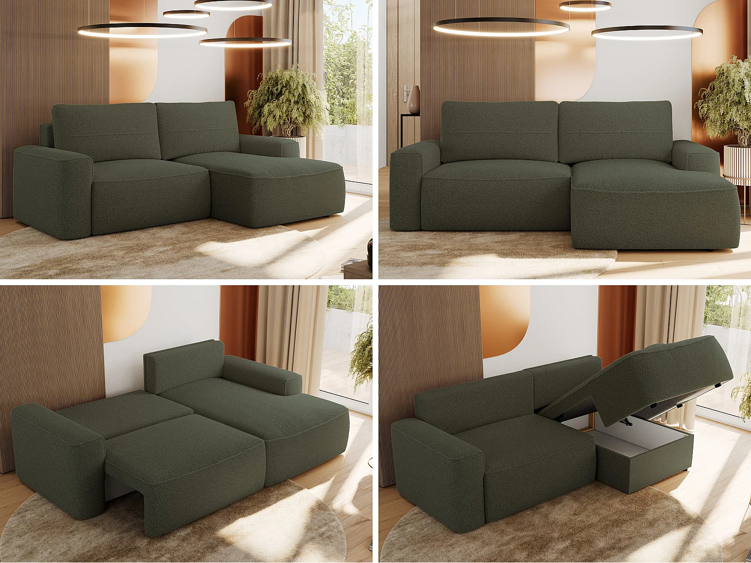 Ecksofa BELLUNO - Schlafsofa mit Bettkasten, Armlehnen, Couch L-form mit Schlaffunktion - Grün Boucle - Ecke Rechts