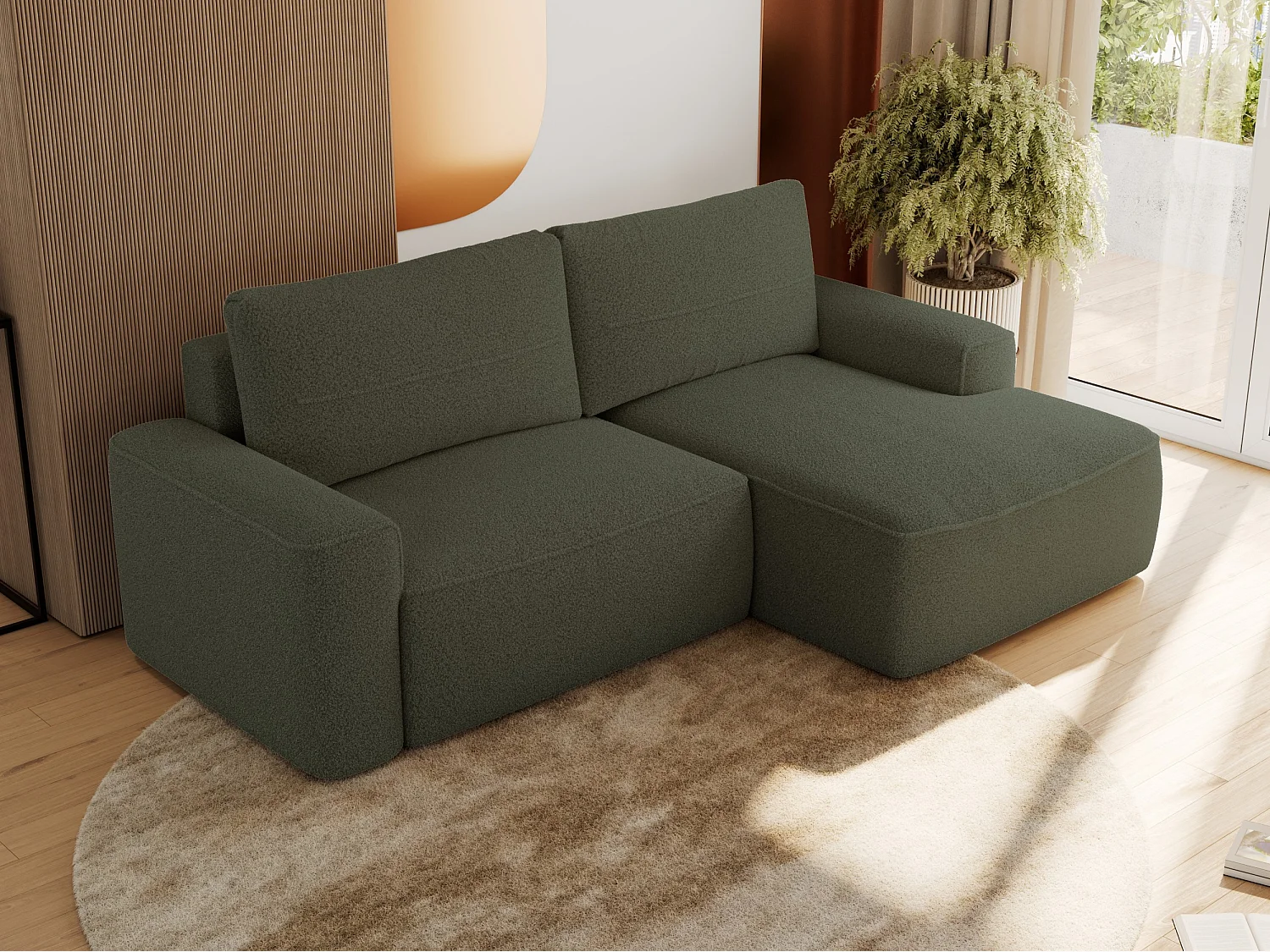 Ecksofa BELLUNO - Schlafsofa mit Bettkasten, Armlehnen, Couch L-form mit Schlaffunktion - Grün Boucle - Ecke Rechts