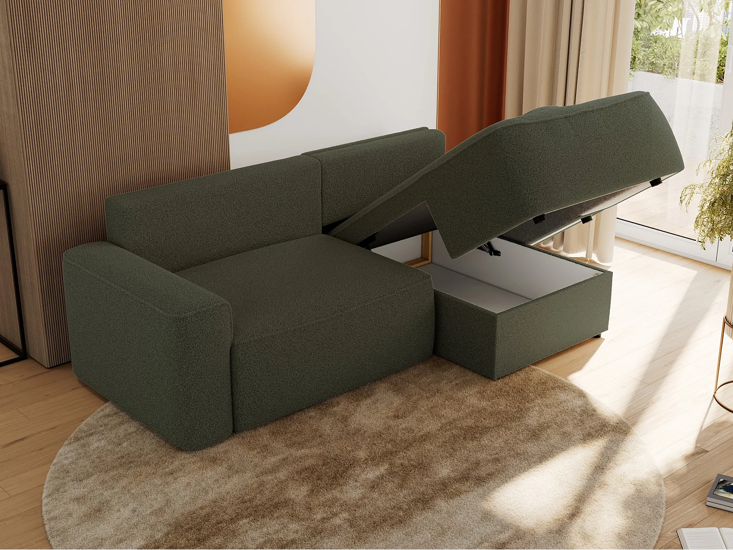 Ecksofa BELLUNO - Schlafsofa mit Bettkasten, Armlehnen, Couch L-form mit Schlaffunktion - Grün Boucle - Ecke Rechts