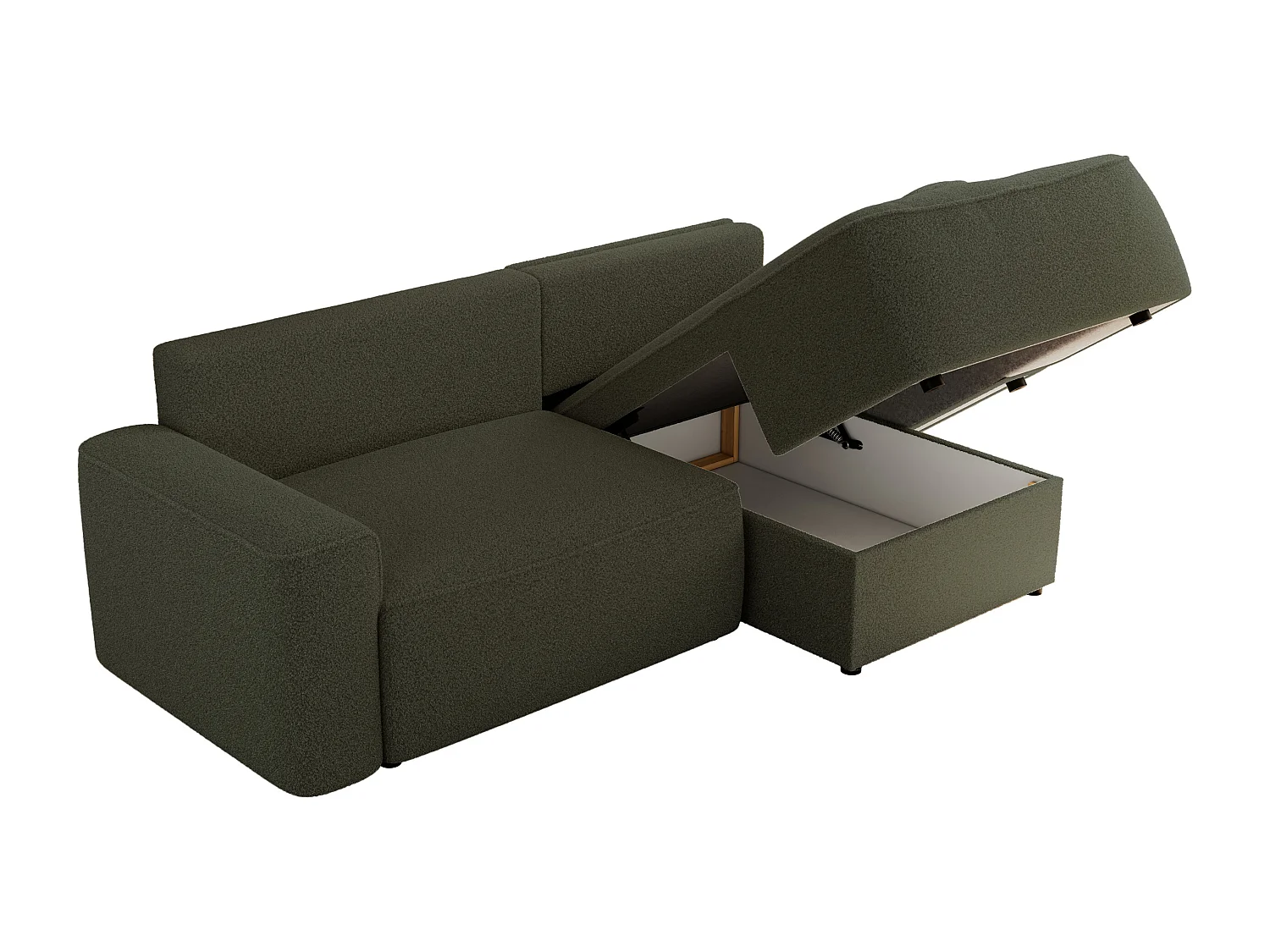 Ecksofa BELLUNO - Schlafsofa mit Bettkasten, Armlehnen, Couch L-form mit Schlaffunktion - Grün Boucle - Ecke Rechts