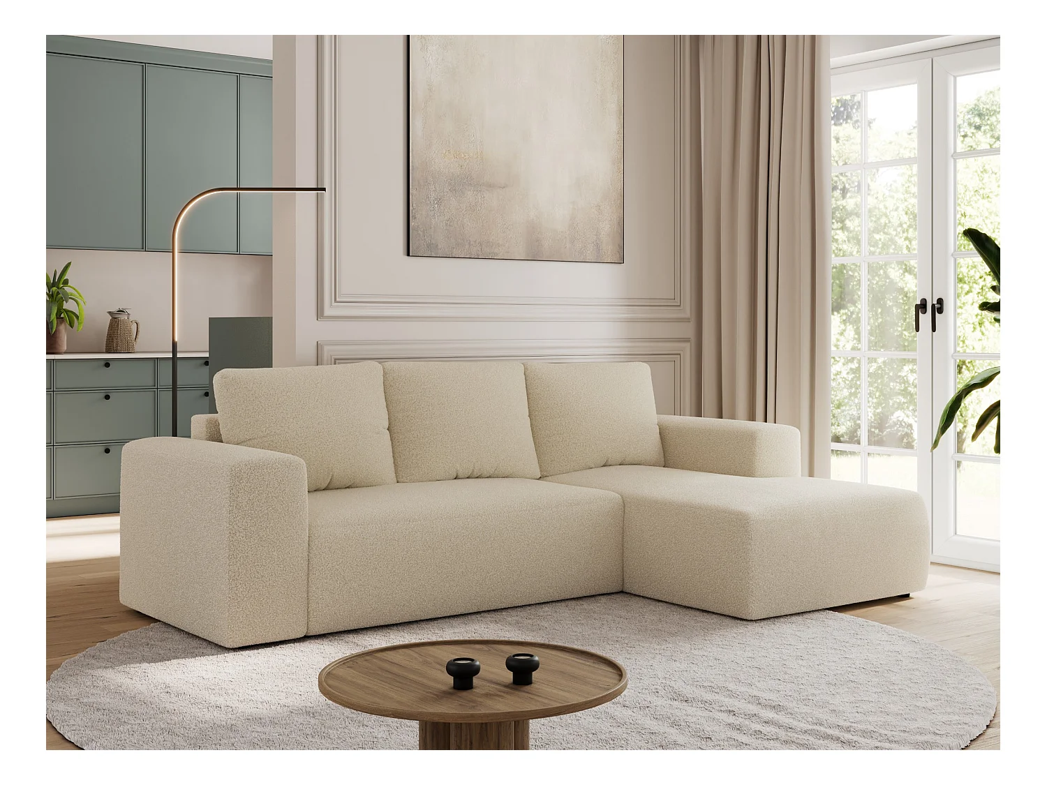 Ecksofa TRENTINO - mit Schlaffunktion und Bettkasten, L-form Couch, lose Kissen und Armlehnen - Beige Boucle - Ecke Rechts