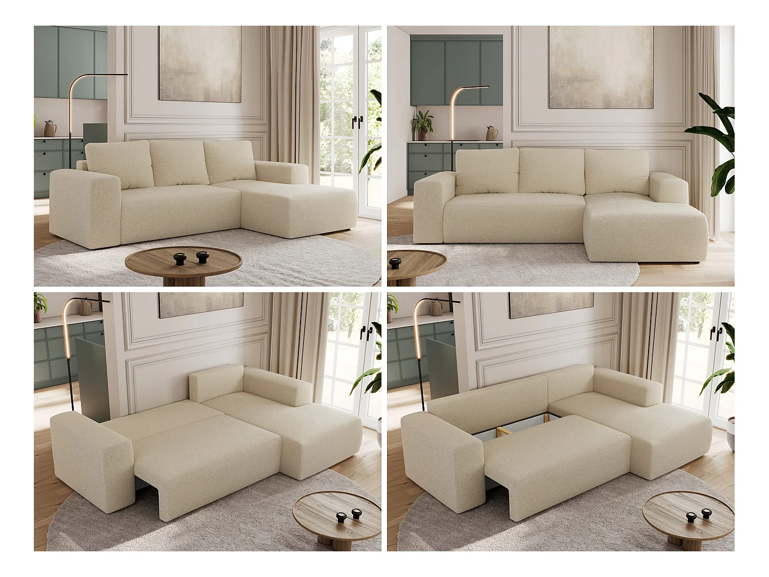 Ecksofa TRENTINO - mit Schlaffunktion und Bettkasten, L-form Couch, lose Kissen und Armlehnen - Beige Boucle - Ecke Rechts