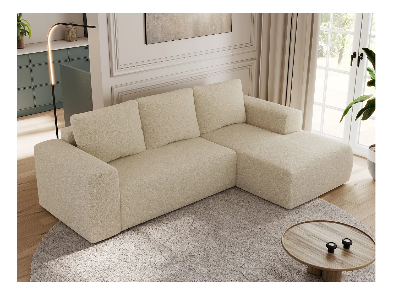Ecksofa TRENTINO - mit Schlaffunktion und Bettkasten, L-form Couch, lose Kissen und Armlehnen - Beige Boucle - Ecke Rechts