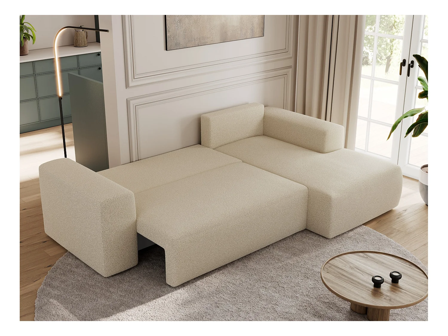 Ecksofa TRENTINO - mit Schlaffunktion und Bettkasten, L-form Couch, lose Kissen und Armlehnen - Beige Boucle - Ecke Rechts