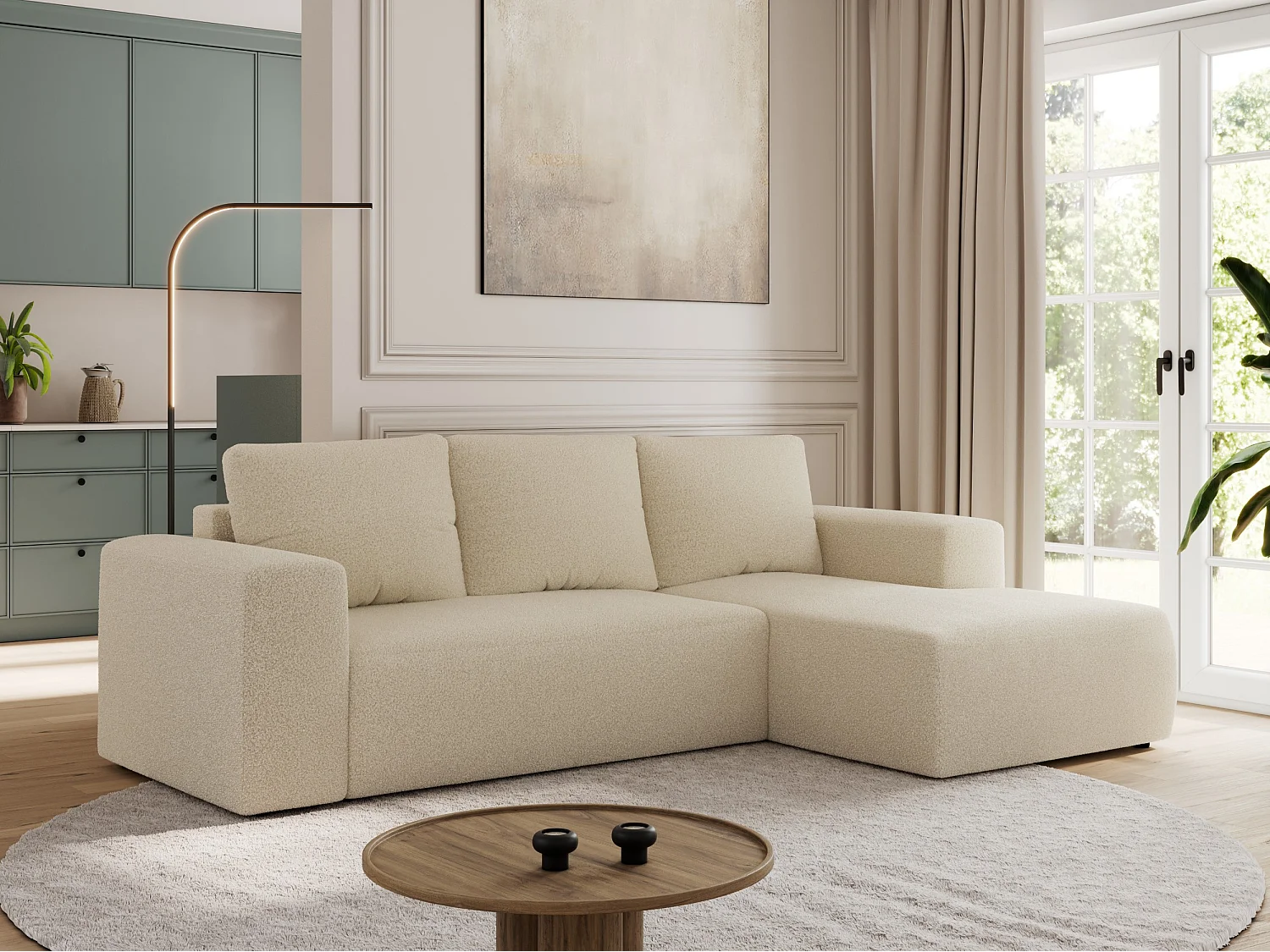 Ecksofa TRENTINO - mit Schlaffunktion und Bettkasten, L-form Couch, lose Kissen und Armlehnen - Beige Boucle - Ecke Rechts