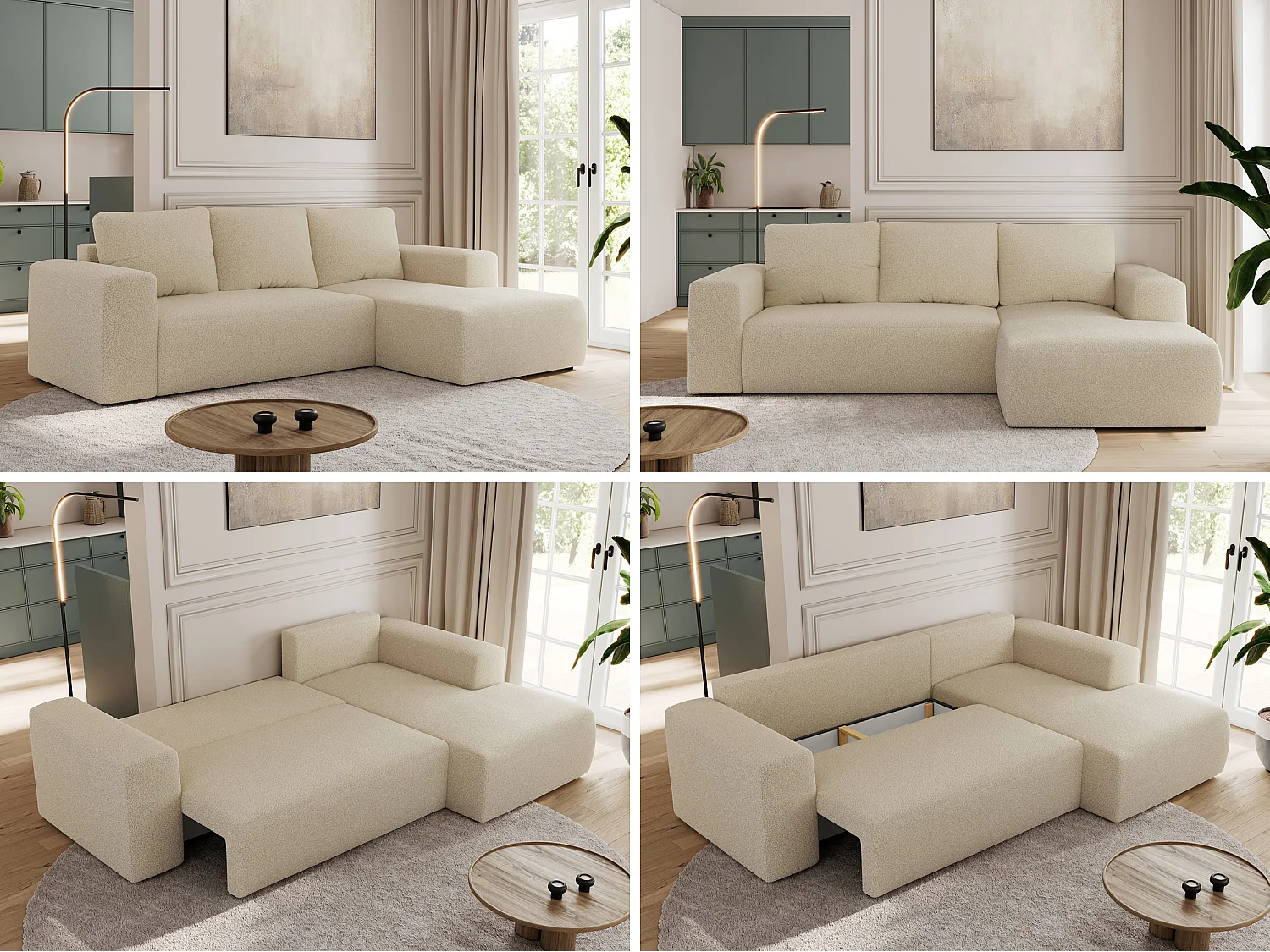 Ecksofa TRENTINO - mit Schlaffunktion und Bettkasten, L-form Couch, lose Kissen und Armlehnen - Beige Boucle - Ecke Rechts