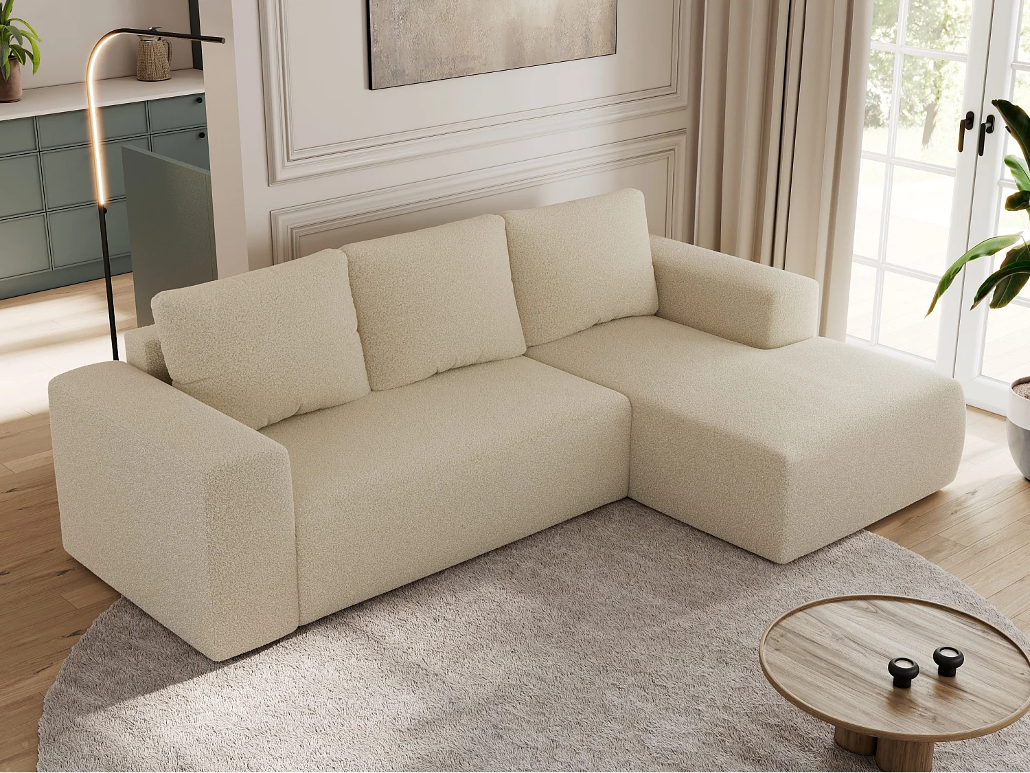Ecksofa TRENTINO - mit Schlaffunktion und Bettkasten, L-form Couch, lose Kissen und Armlehnen - Beige Boucle - Ecke Rechts