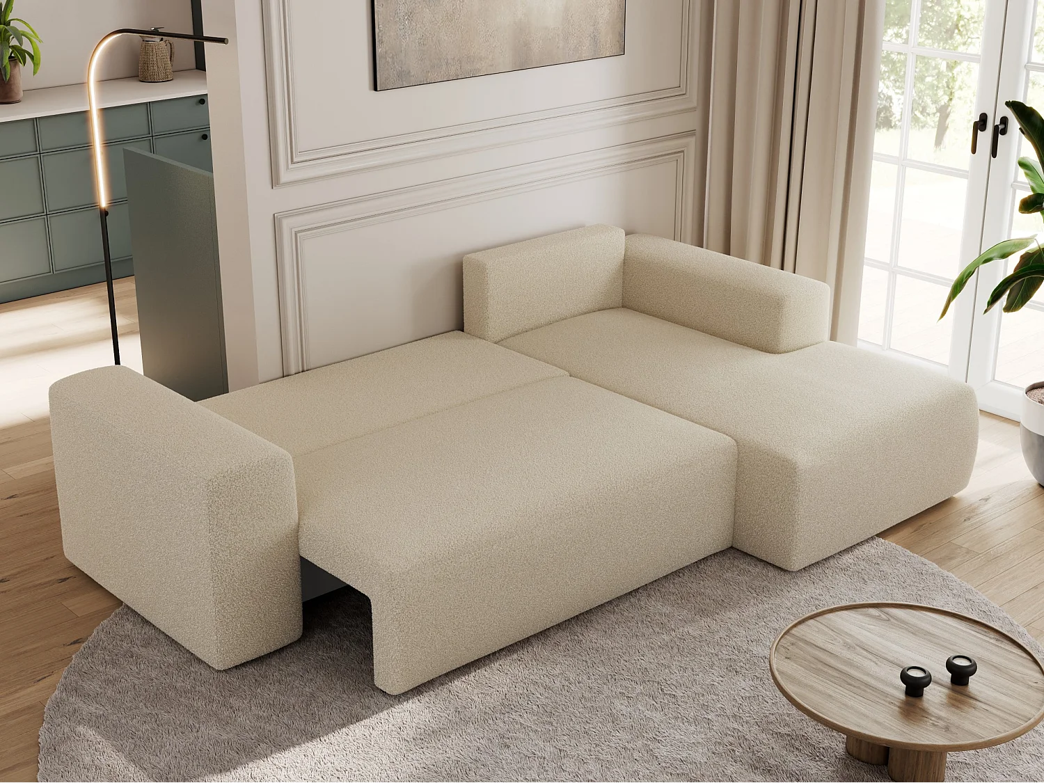 Ecksofa TRENTINO - mit Schlaffunktion und Bettkasten, L-form Couch, lose Kissen und Armlehnen - Beige Boucle - Ecke Rechts