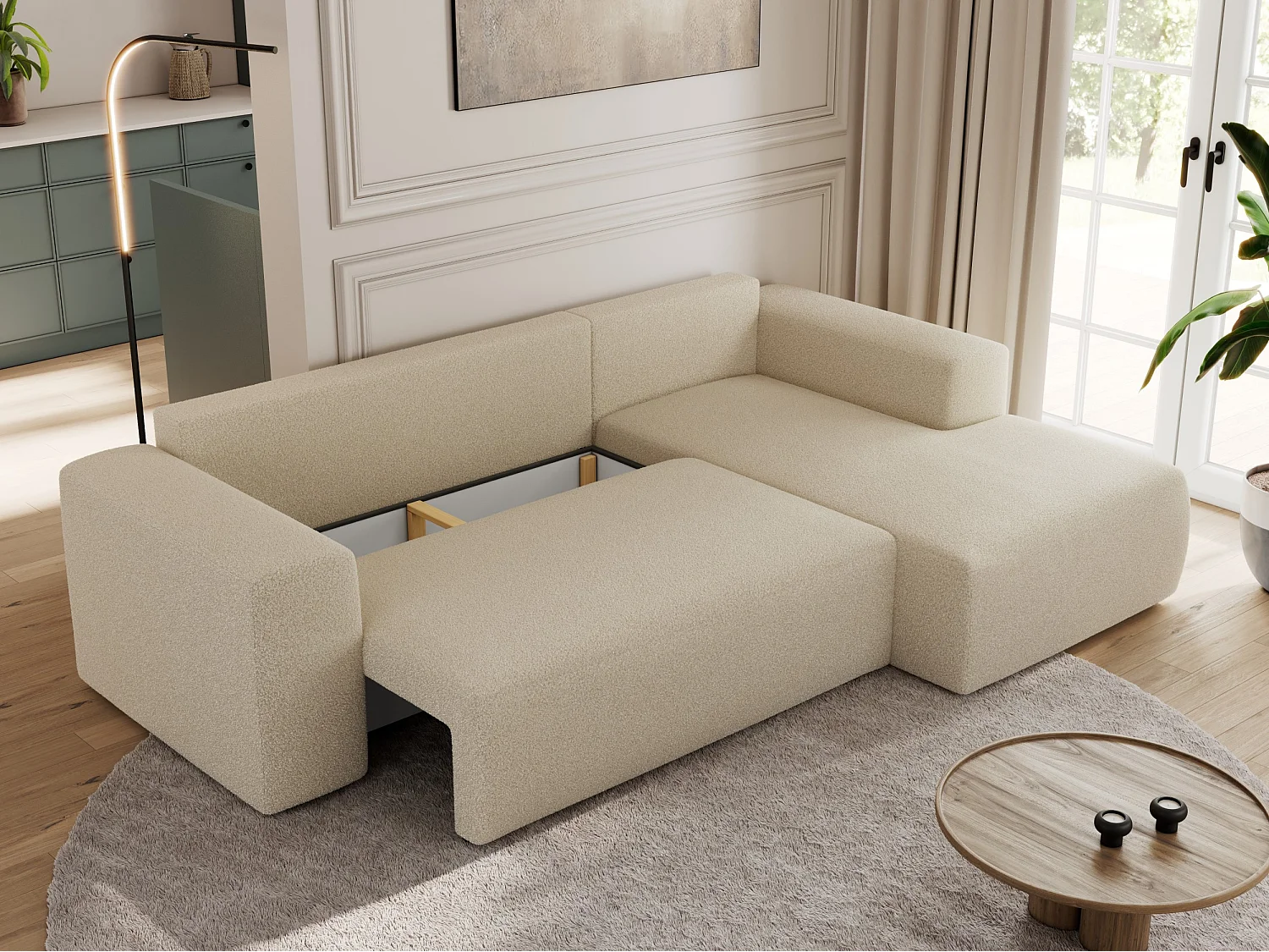 Ecksofa TRENTINO - mit Schlaffunktion und Bettkasten, L-form Couch, lose Kissen und Armlehnen - Beige Boucle - Ecke Rechts