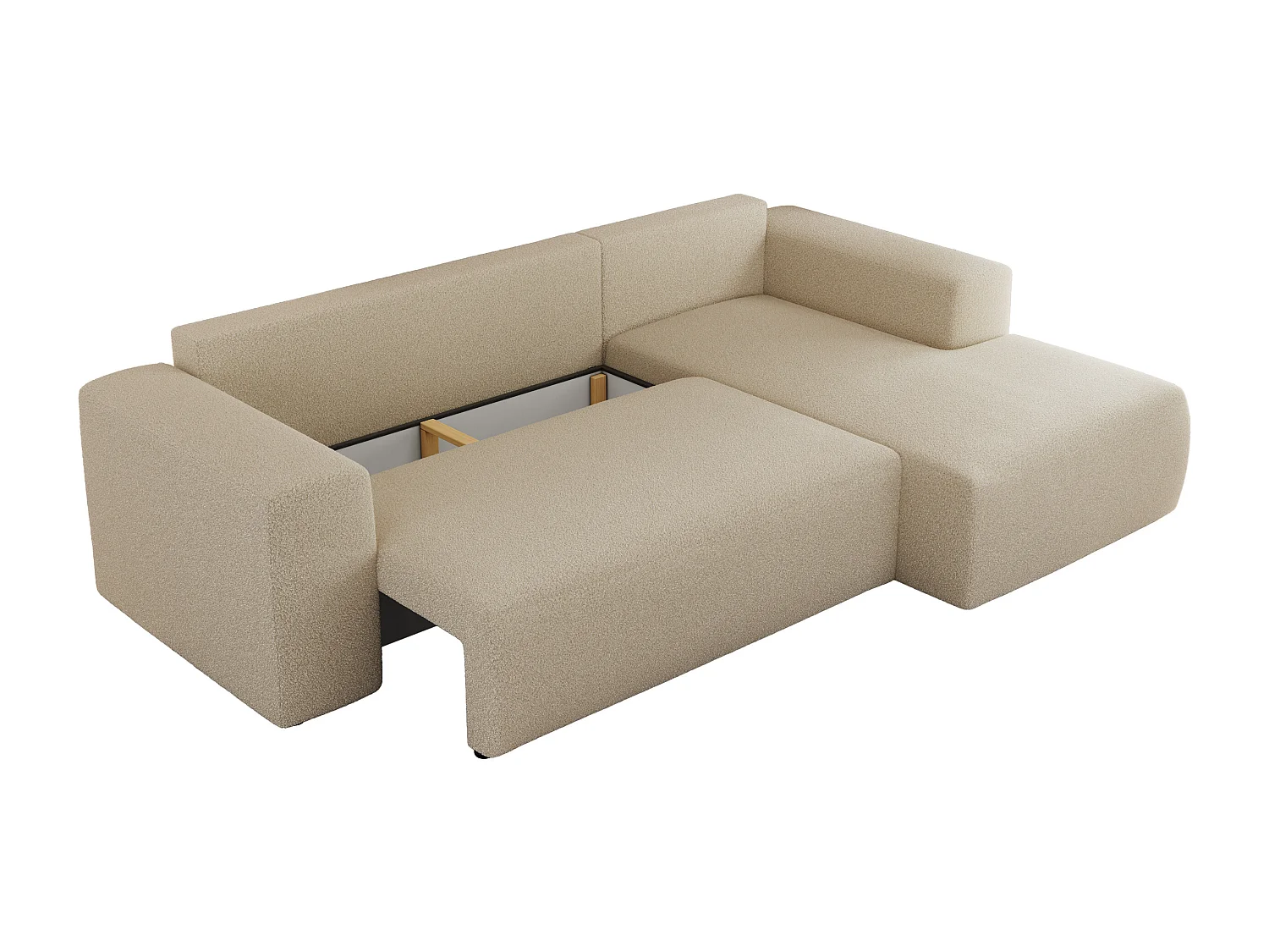 Ecksofa TRENTINO - mit Schlaffunktion und Bettkasten, L-form Couch, lose Kissen und Armlehnen - Beige Boucle - Ecke Rechts
