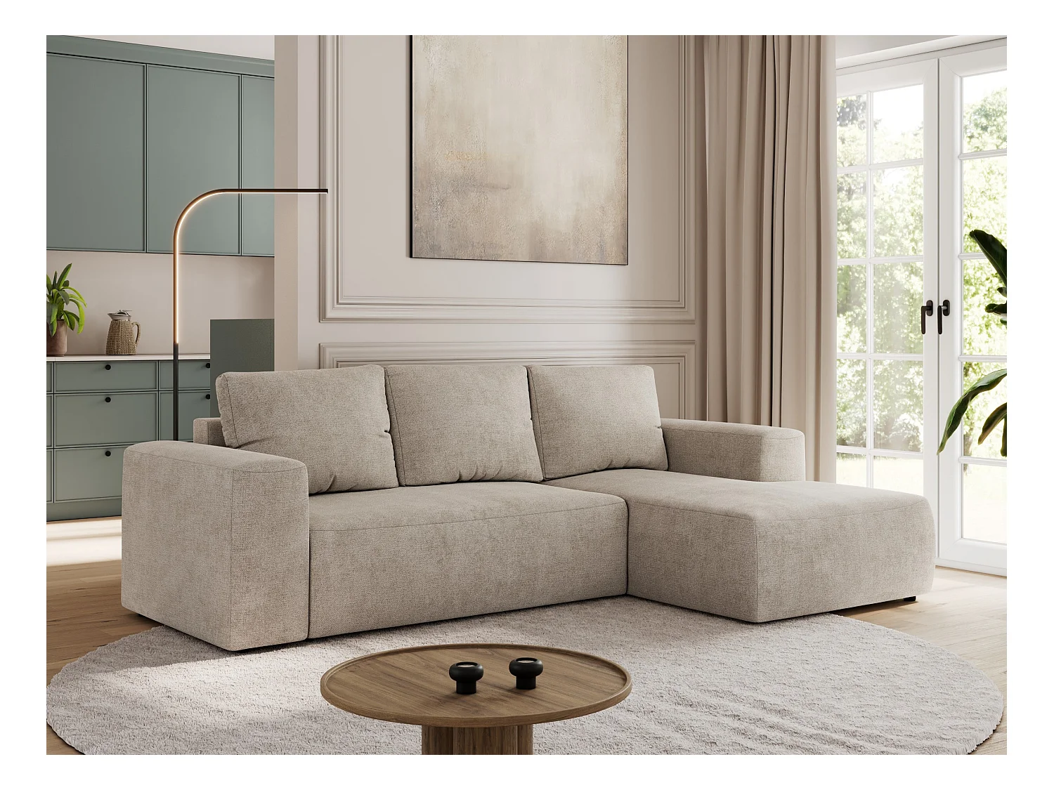 Ecksofa TRENTINO - mit Schlaffunktion und Bettkasten, L-form Couch, lose Kissen und Armlehnen - Beige Stukture - Ecke Rechts