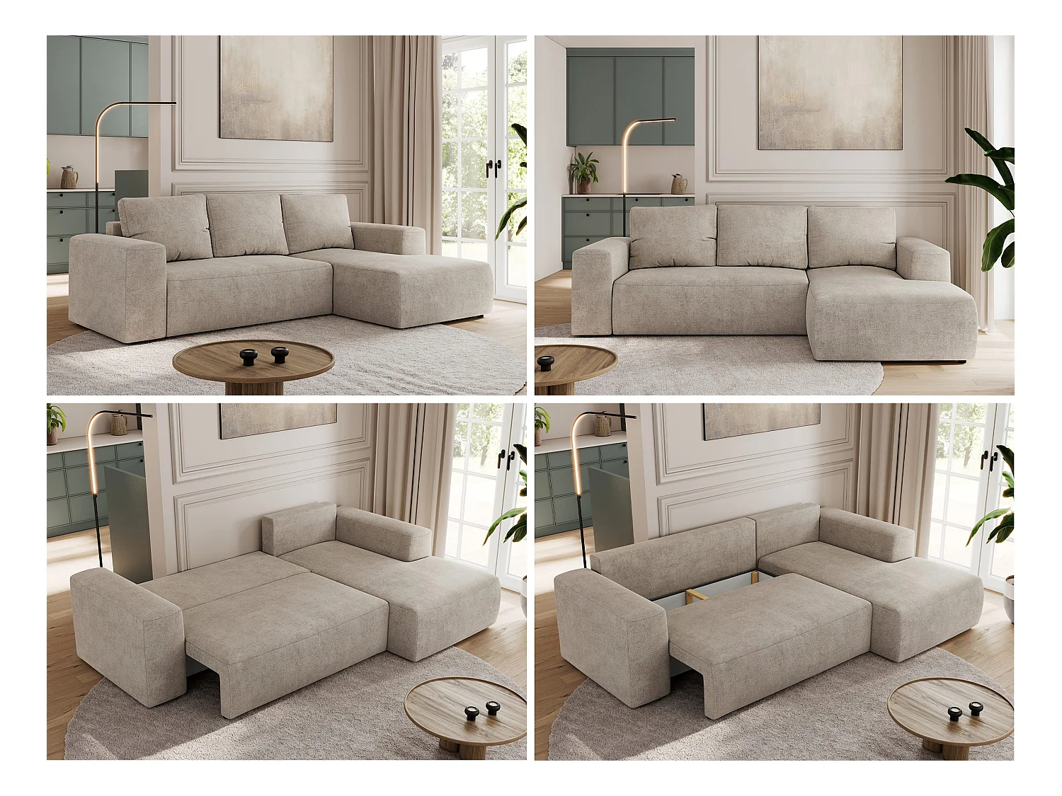 Ecksofa TRENTINO - mit Schlaffunktion und Bettkasten, L-form Couch, lose Kissen und Armlehnen - Beige Stukture - Ecke Rechts