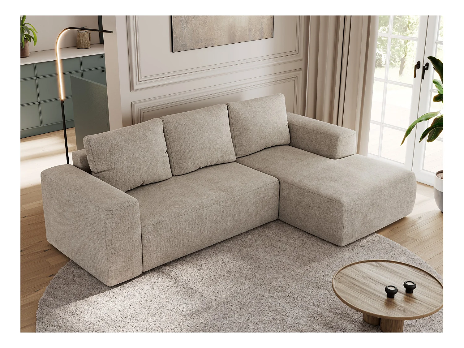 Ecksofa TRENTINO - mit Schlaffunktion und Bettkasten, L-form Couch, lose Kissen und Armlehnen - Beige Stukture - Ecke Rechts