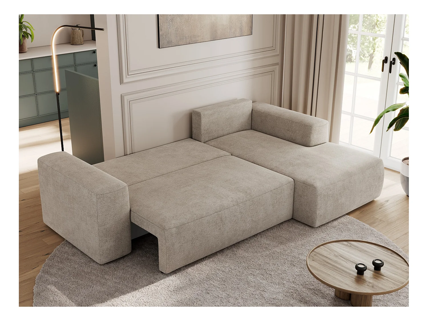 Ecksofa TRENTINO - mit Schlaffunktion und Bettkasten, L-form Couch, lose Kissen und Armlehnen - Beige Stukture - Ecke Rechts