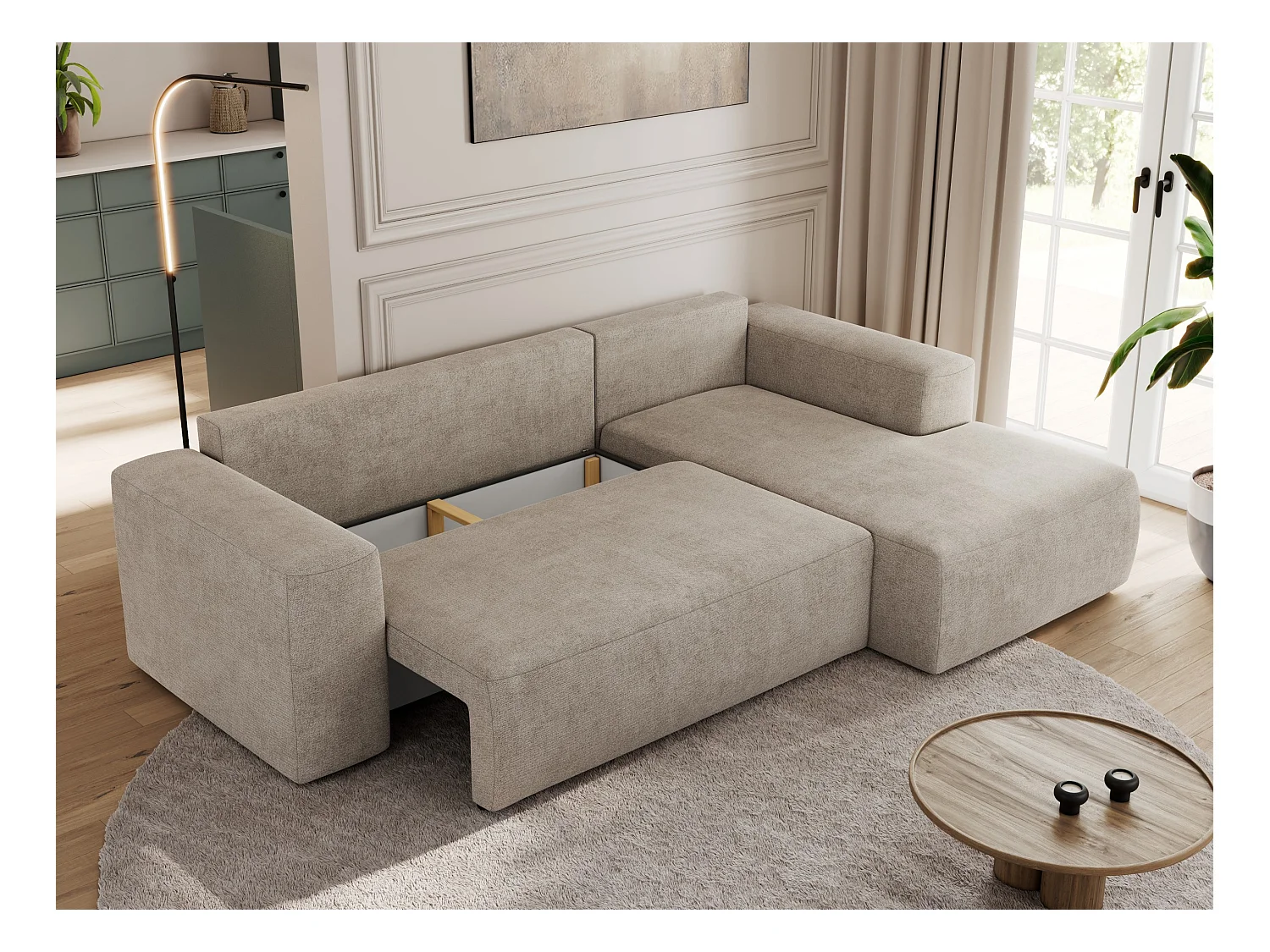 Ecksofa TRENTINO - mit Schlaffunktion und Bettkasten, L-form Couch, lose Kissen und Armlehnen - Beige Stukture - Ecke Rechts